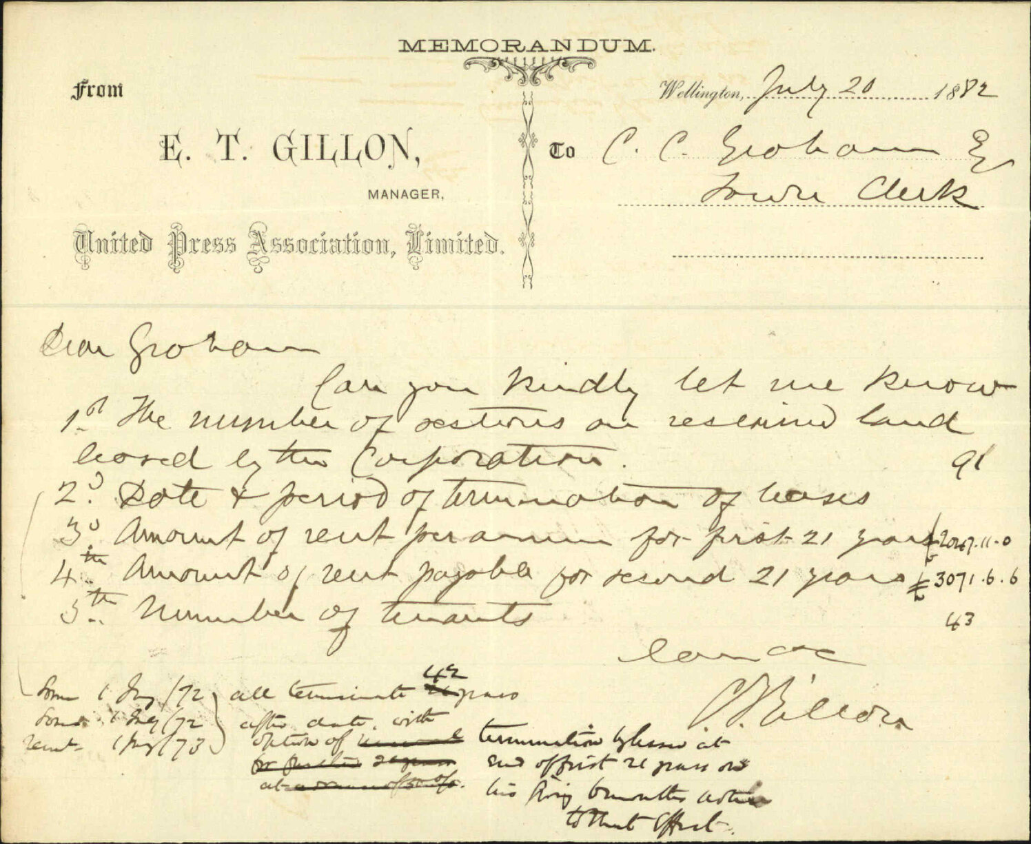 Asking information regarding sections of reclaimed land - E T Gillon