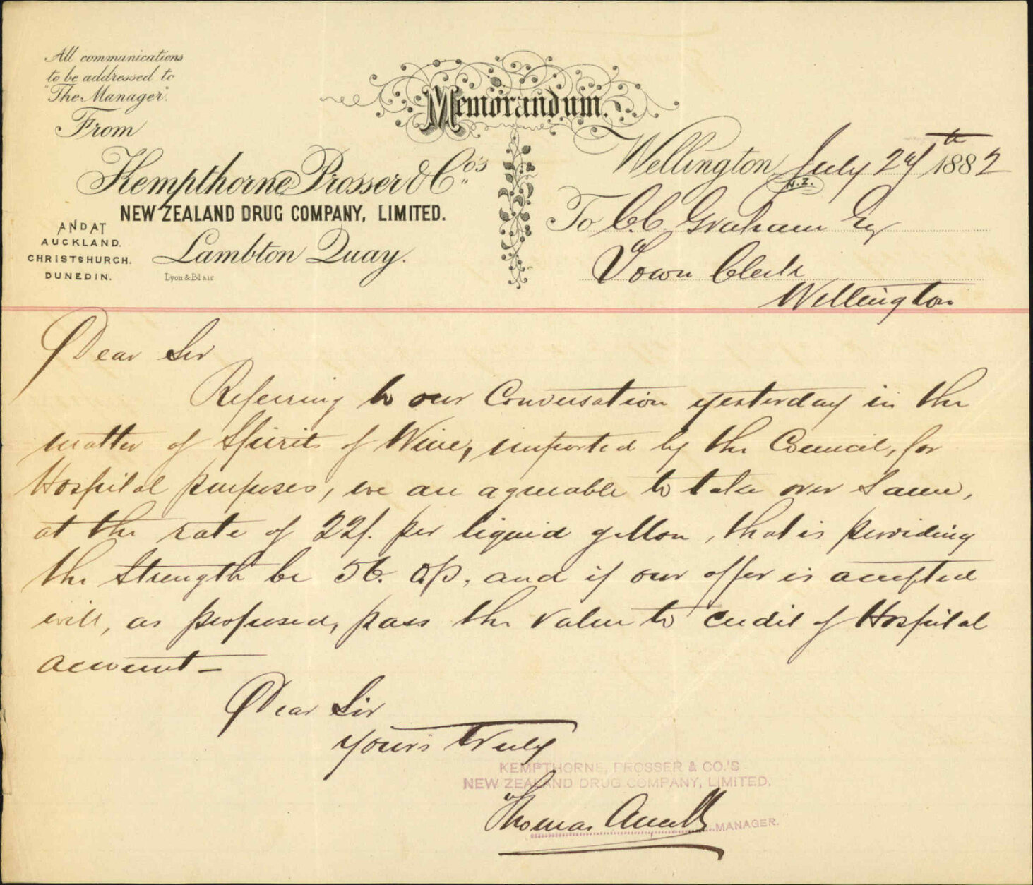 [Import of Spirit of Wine for hospital purposes] - Kempthorne, Prosser &amp; Co