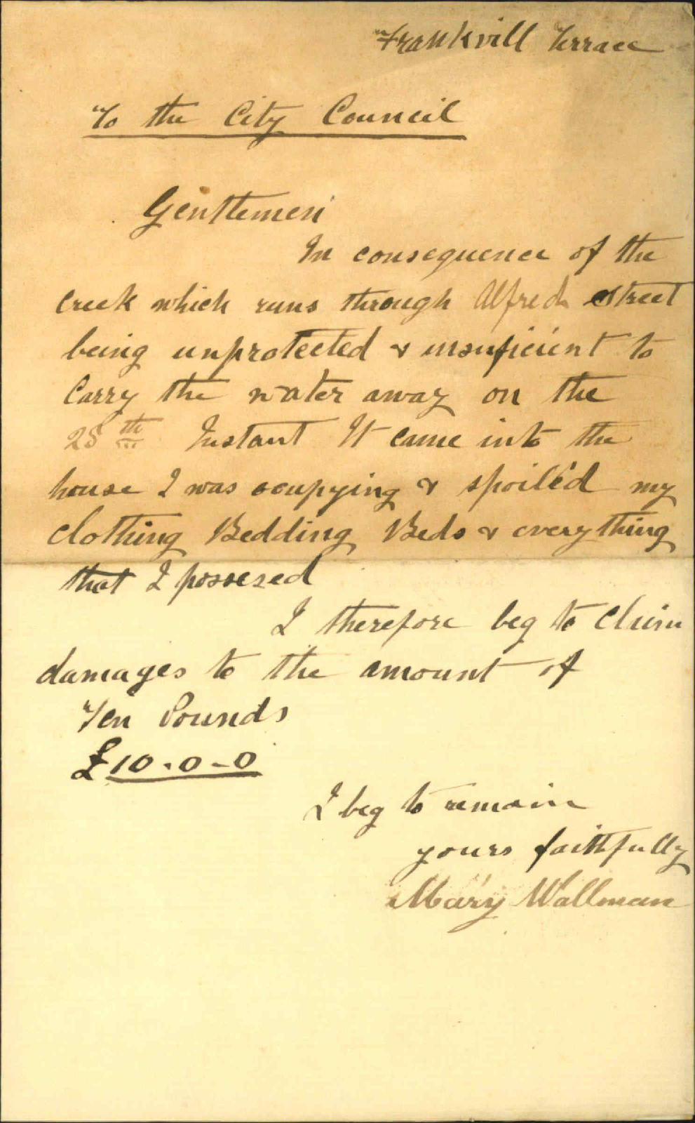 Claim for damage cause by flood - Mary Wallman