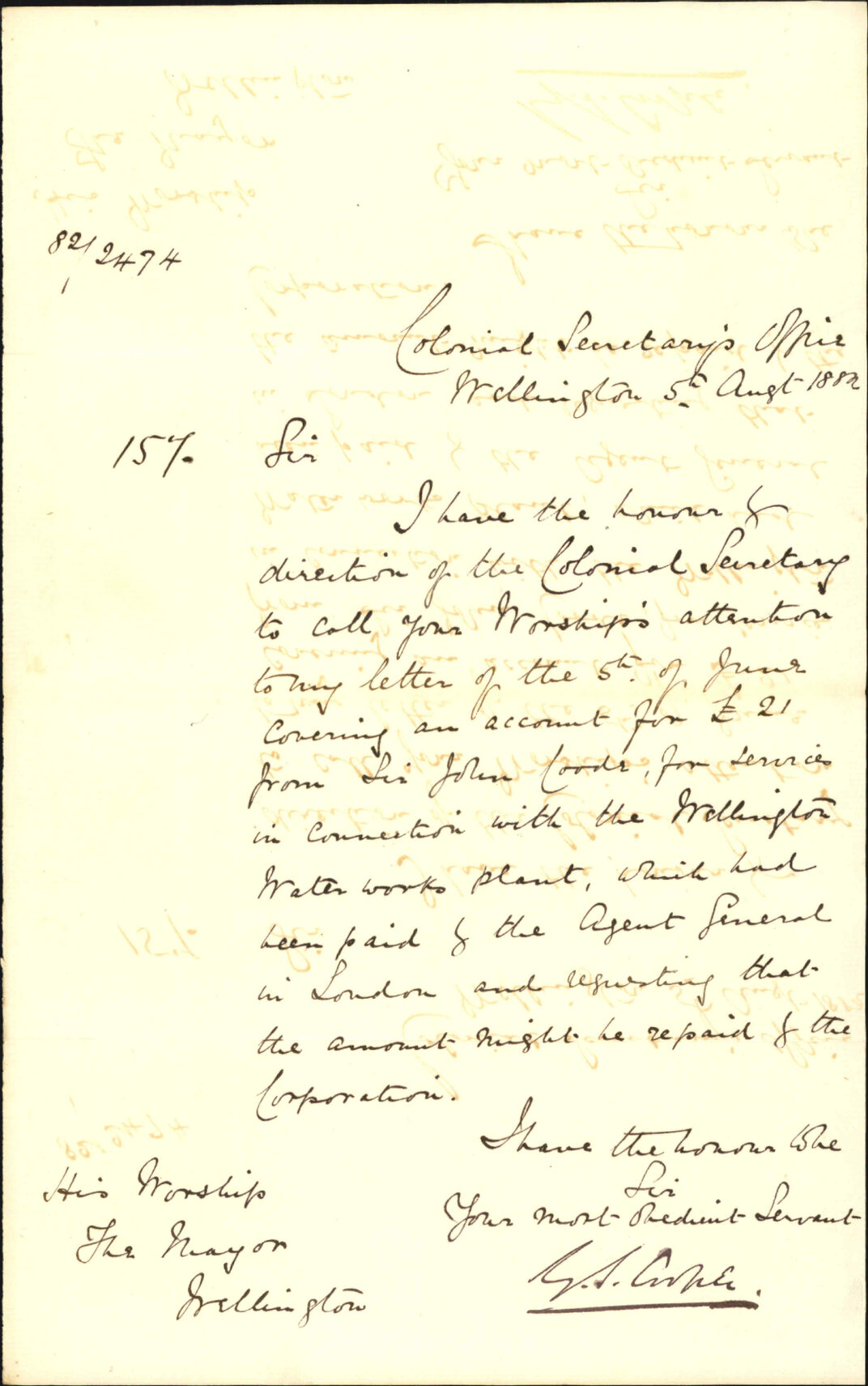 Reminder regarding amount paid to Sir John Goode - Colonial Secretary