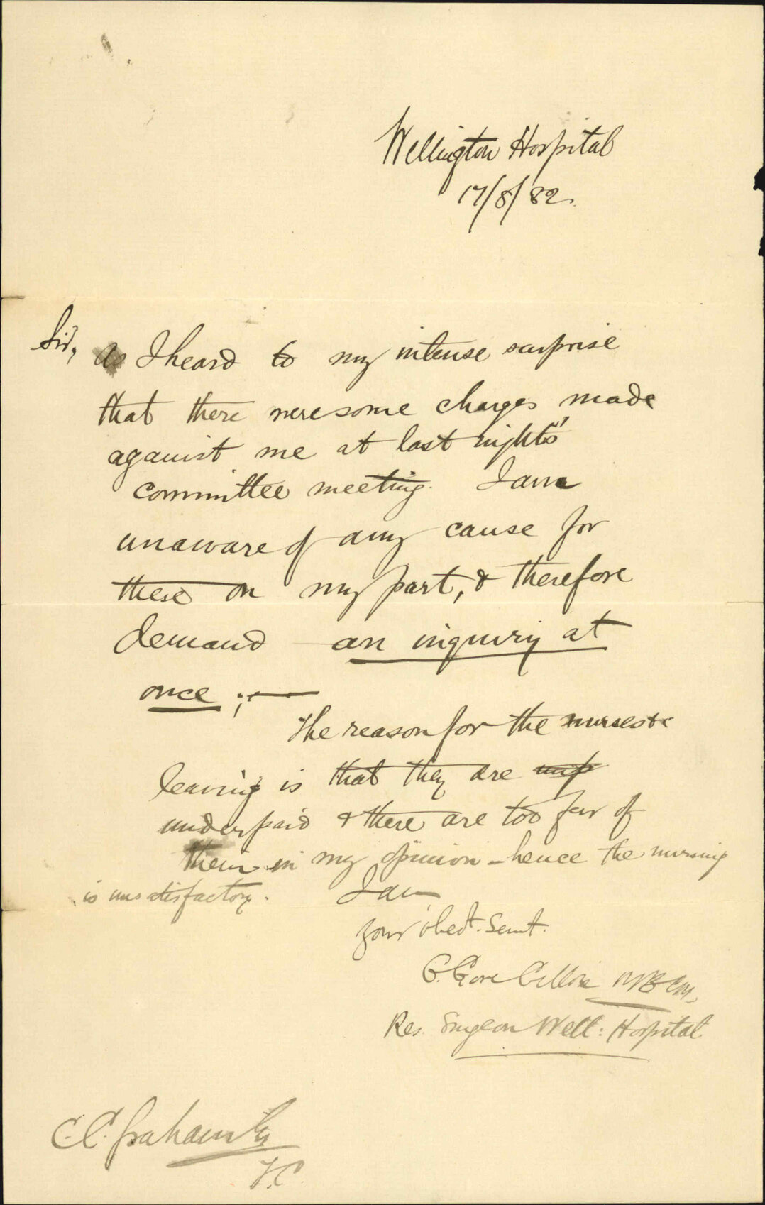Demanding an enquiry into charges as to administration - Resident Surgeon Hospital