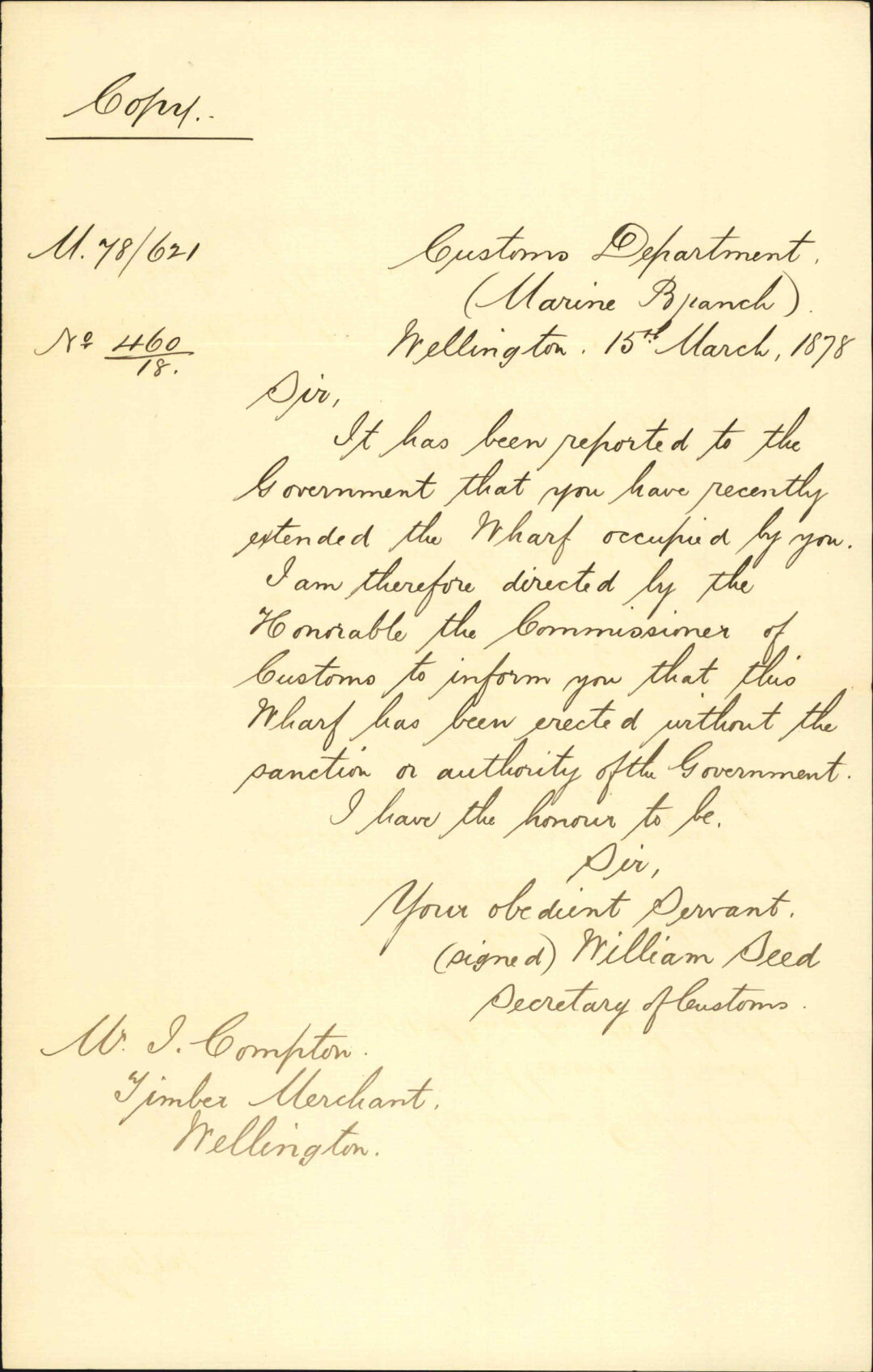 With copy of notice served on Compton - Customs Department