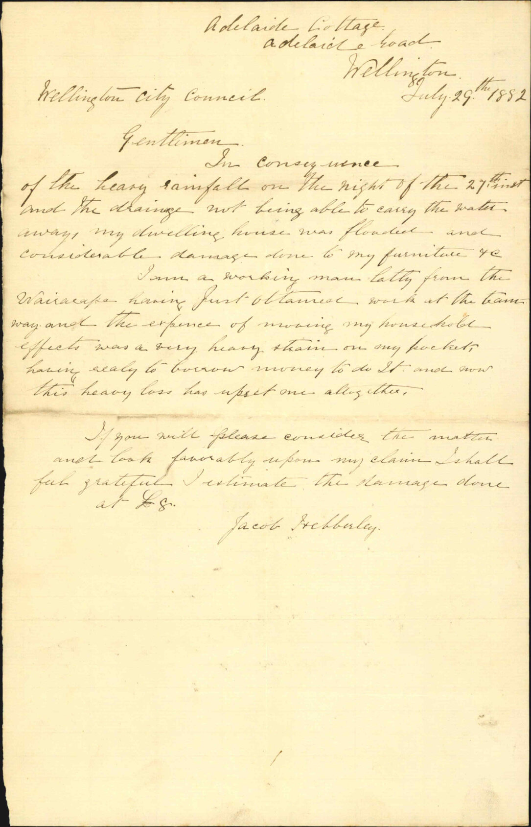 Claim in account of damage by flood - Jacob Hebberly