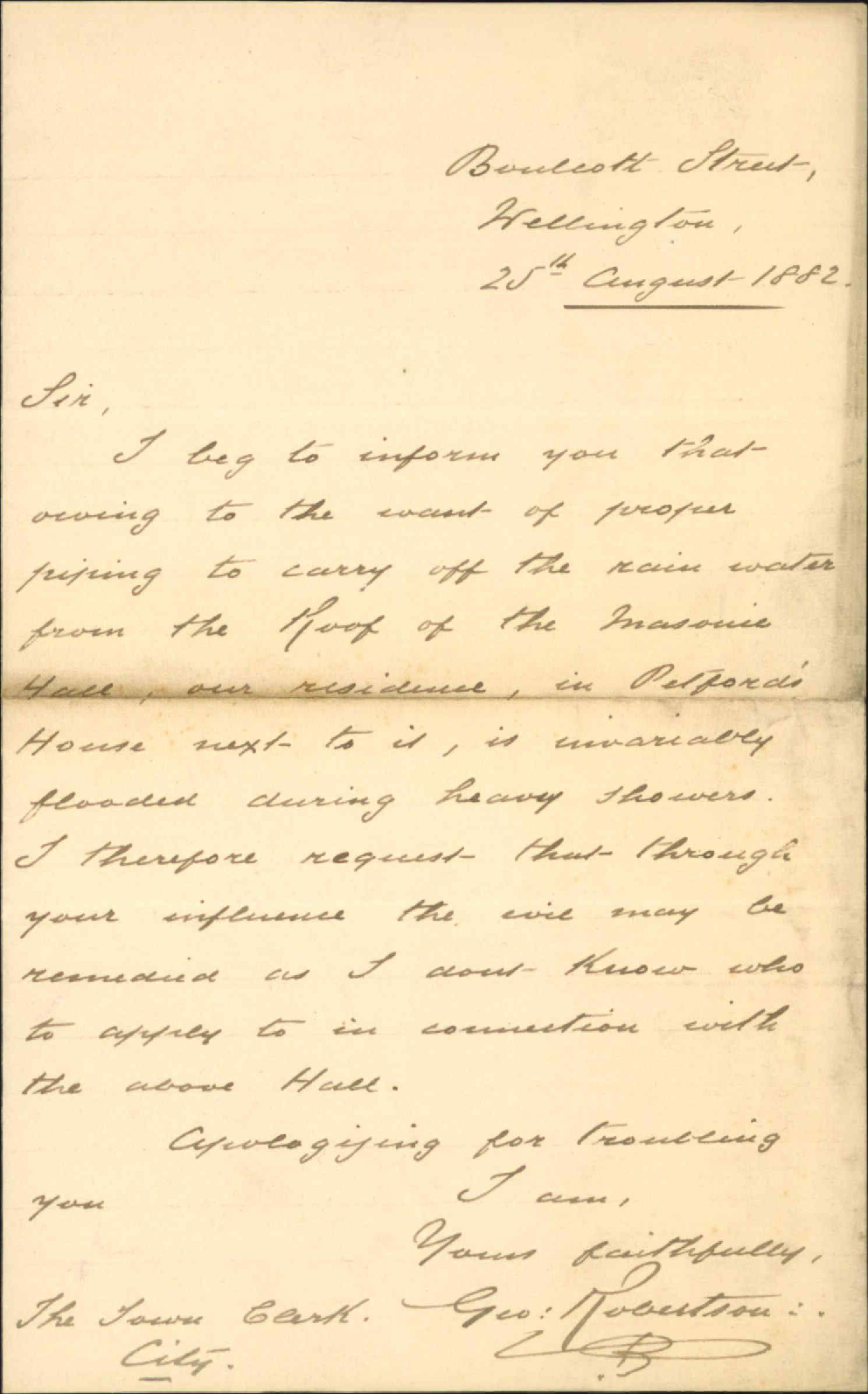 Complaint as to water from roof of Masonic Hall, Boulcott Street - George Robertson
