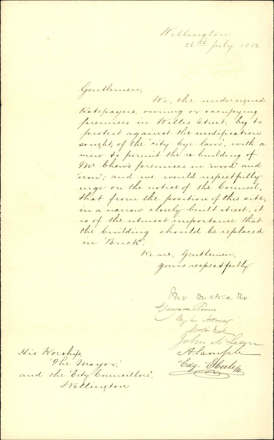 Petition, protesting against modification of building regulations regarding Chews building