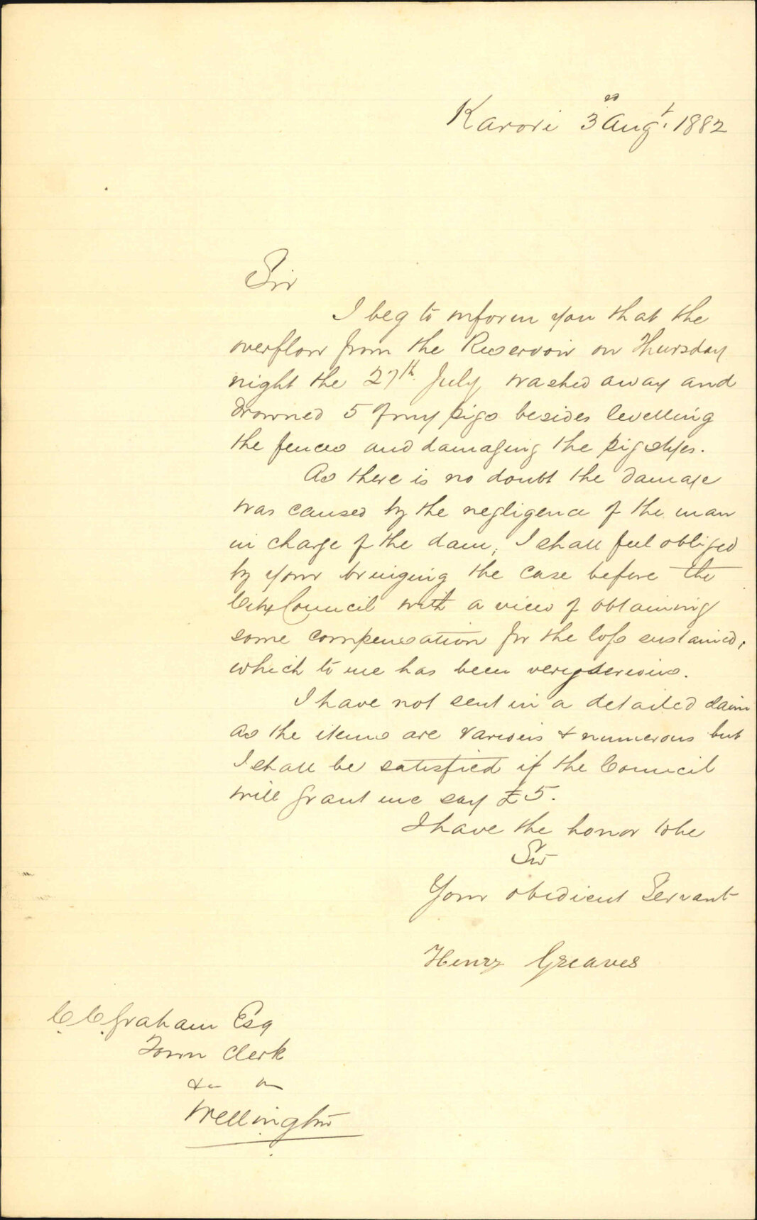 Claim in account of damage by recent floods, overflow of dam &pound;5