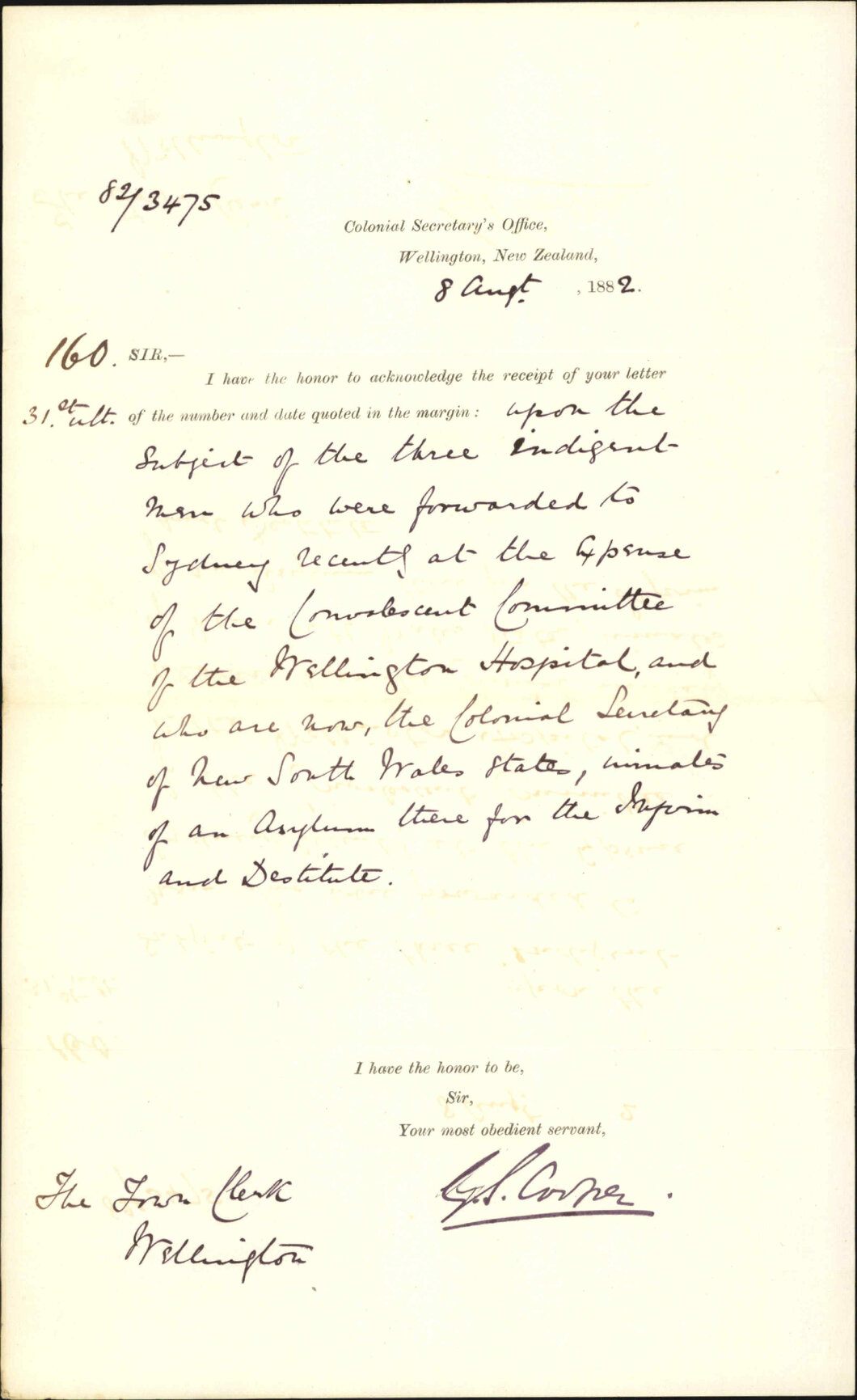 Acknowledging receipt of letter regarding indigent persons forwarded to New South Wales - Colonial Secretary