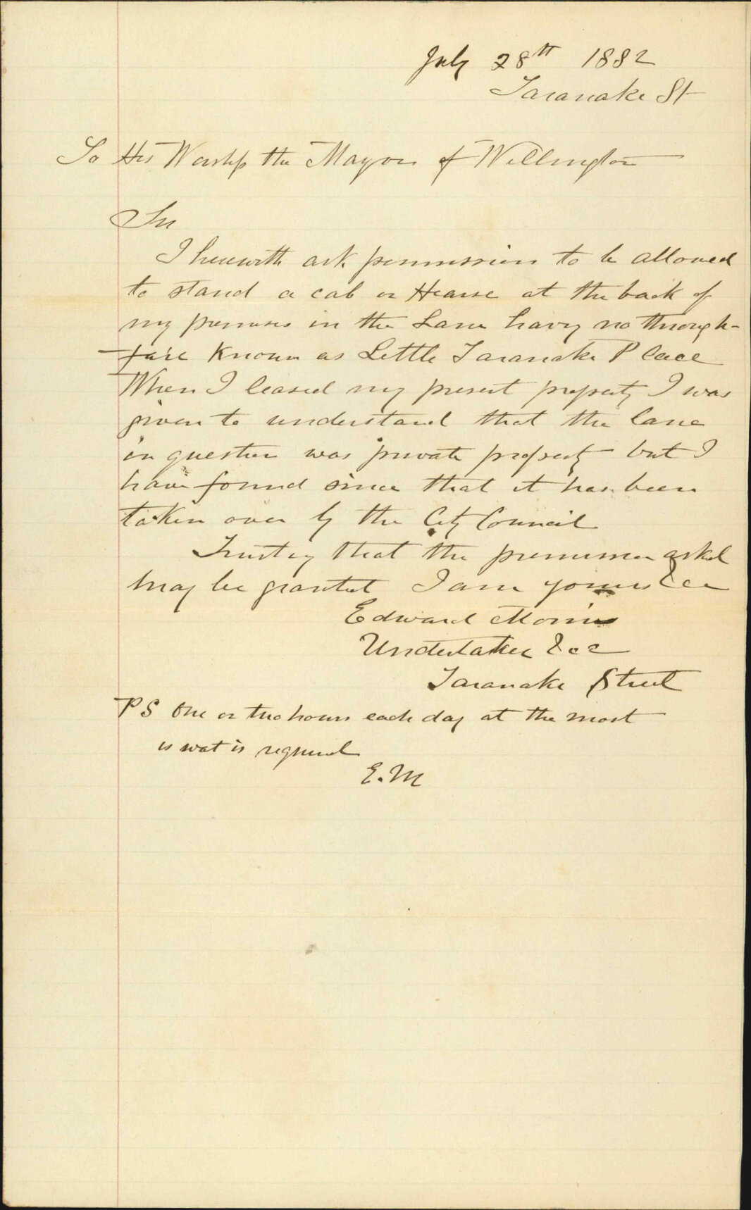 Application to stand a vehicle in little Taranaki Place - Edward Morris