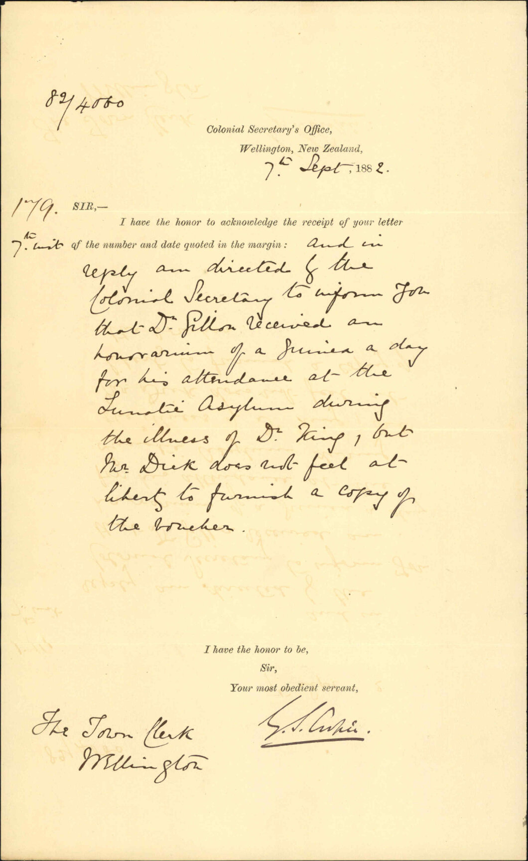 Voucher for payment of Dr Gillon for attendance at Lunatic Asylum - Colonial Secretary
