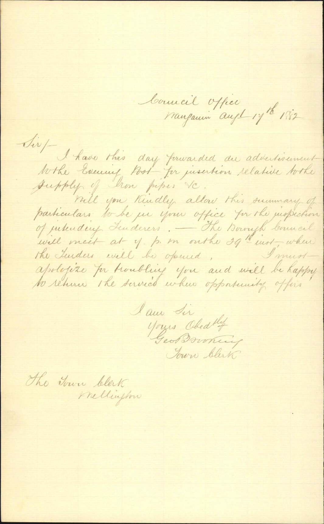 Forwarding specifications for supply of iron pipes - Town Clerk Wanganui