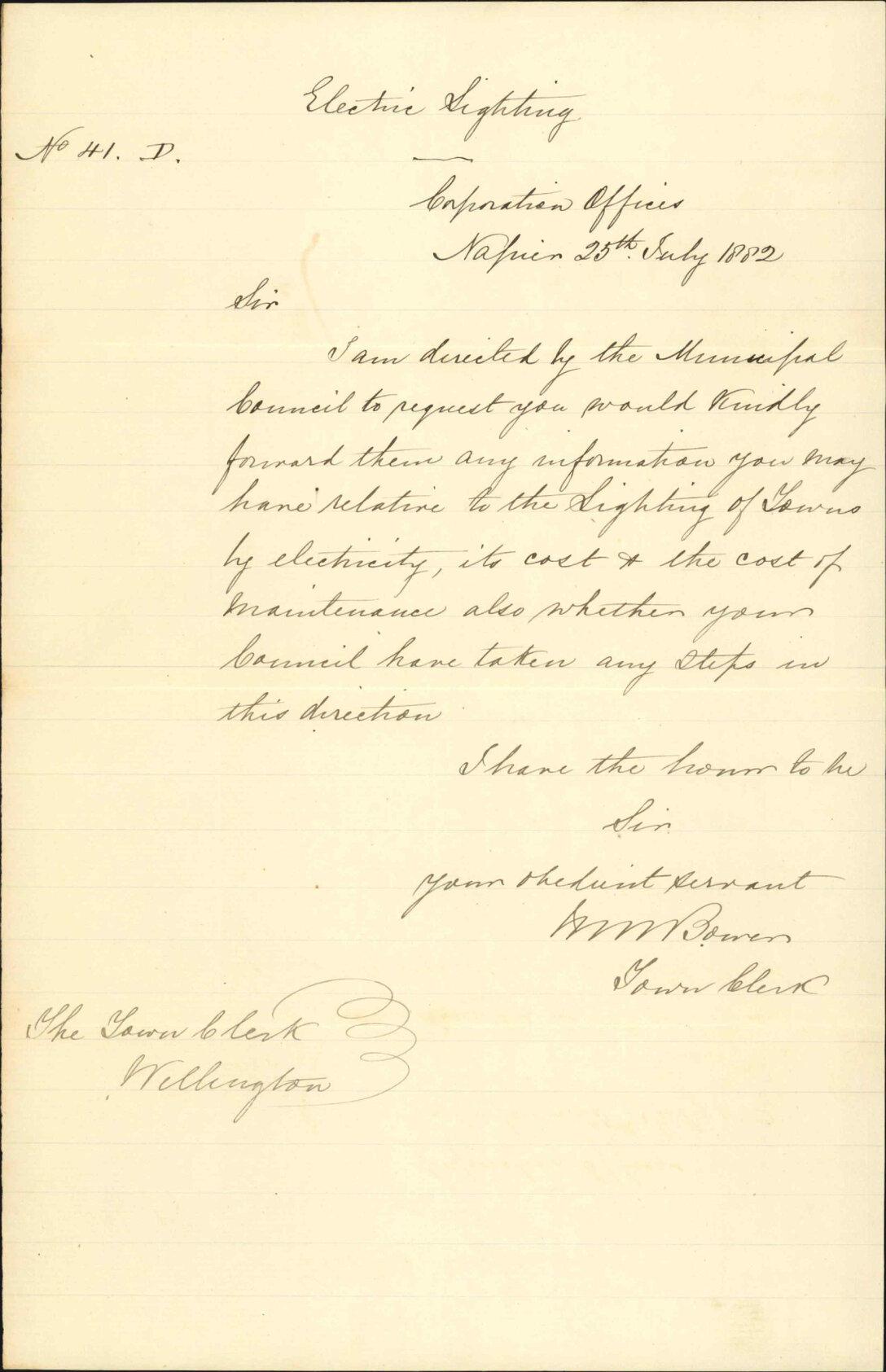 Asking for information regarding electric lighting - Town Clerk Napier