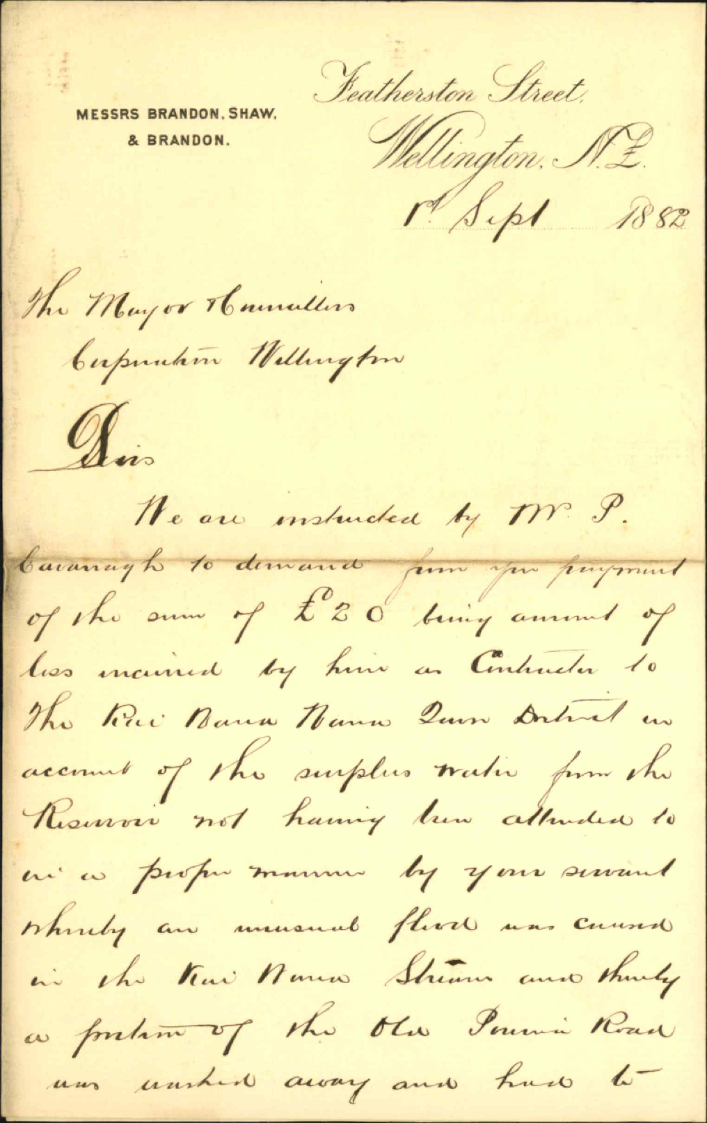 Claiming &pound;20 in account of P Kavanagh, damage to roadway at Kaiwarra [Kaiwharawhara]