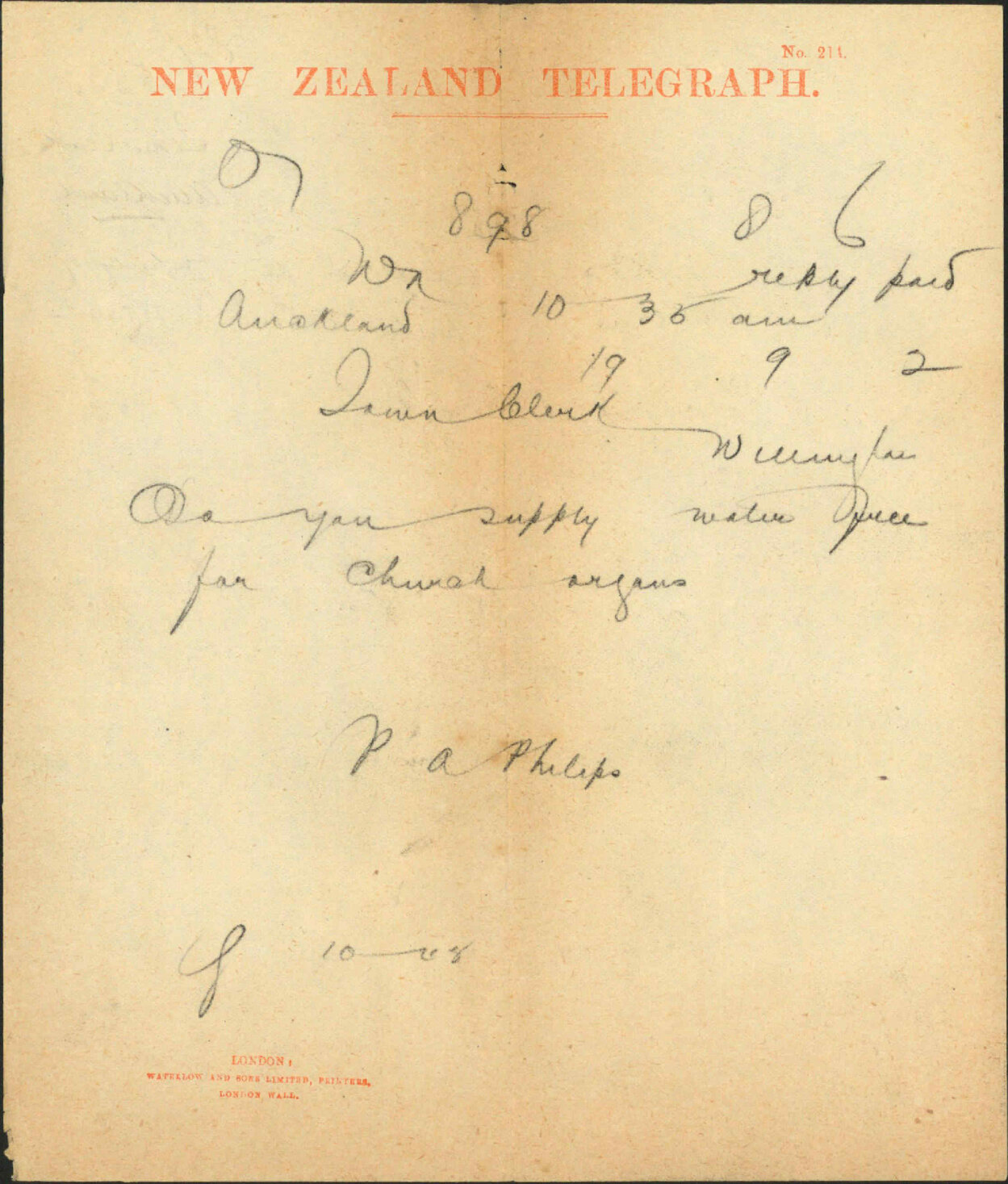 Queries regarding supply of water to church organs - Town Clerk Auckland