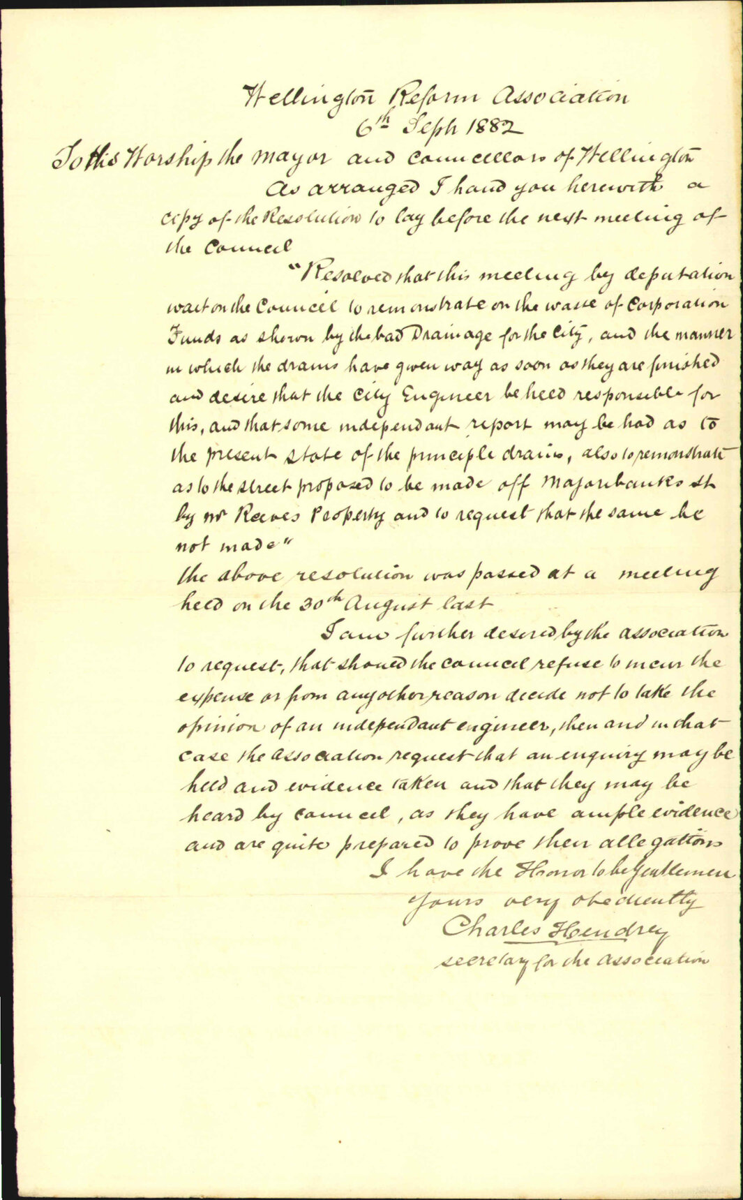 Copy of resolution to be laid before the City Council - Reform Association