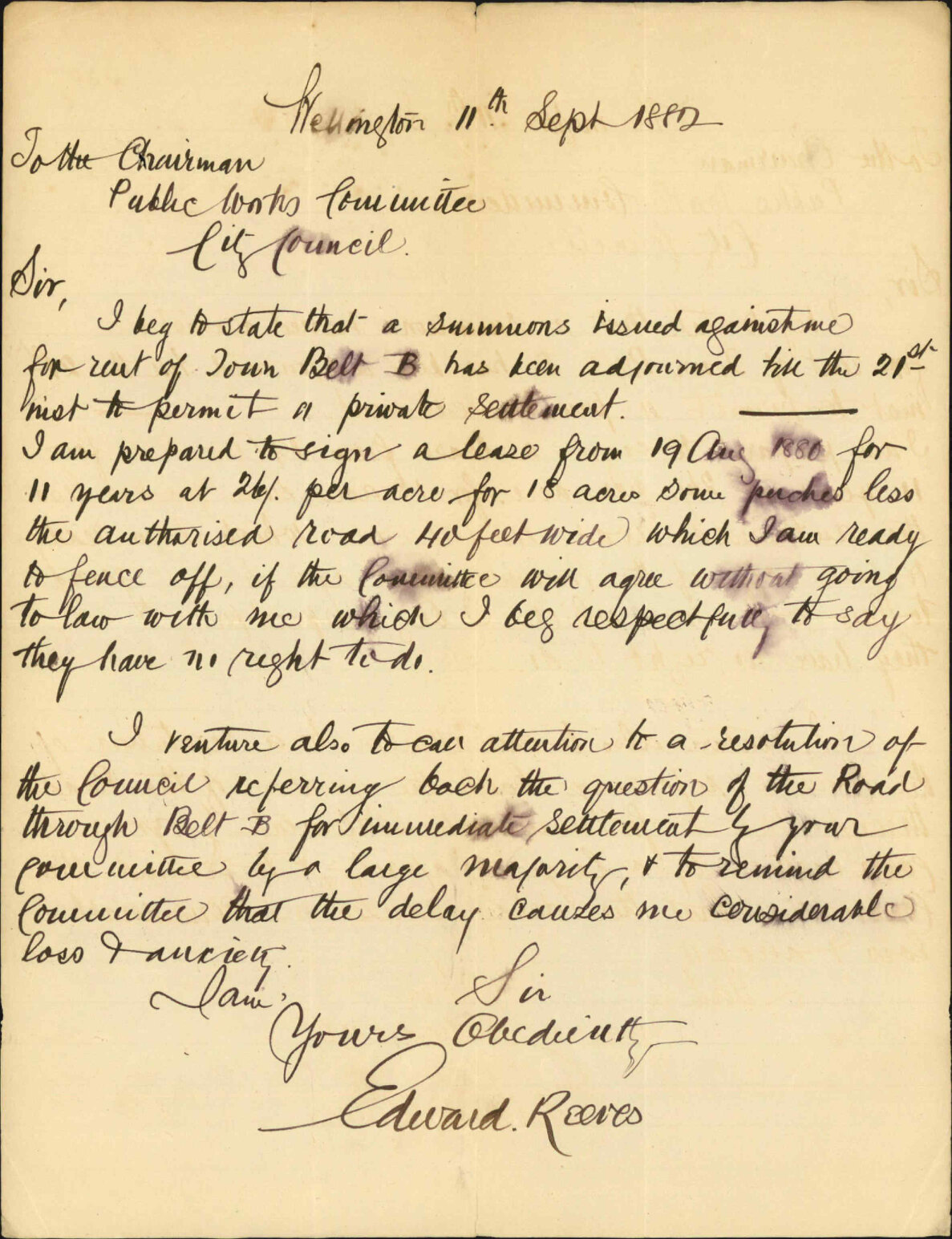 Leave of Town Belt reserve and arrears of rent, also as to road through Town Belt - Edward Reeves