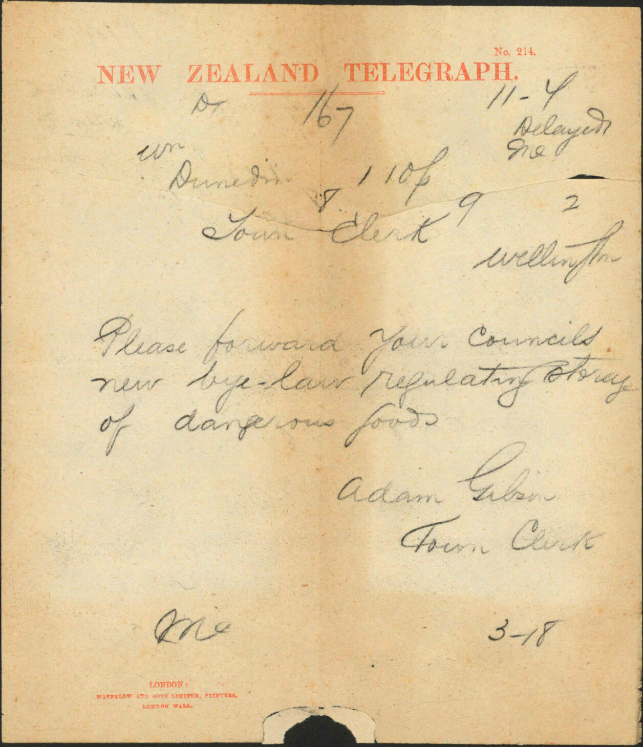 Asking for copy of kerosene storage bylaws - Town Clerk Dunedin