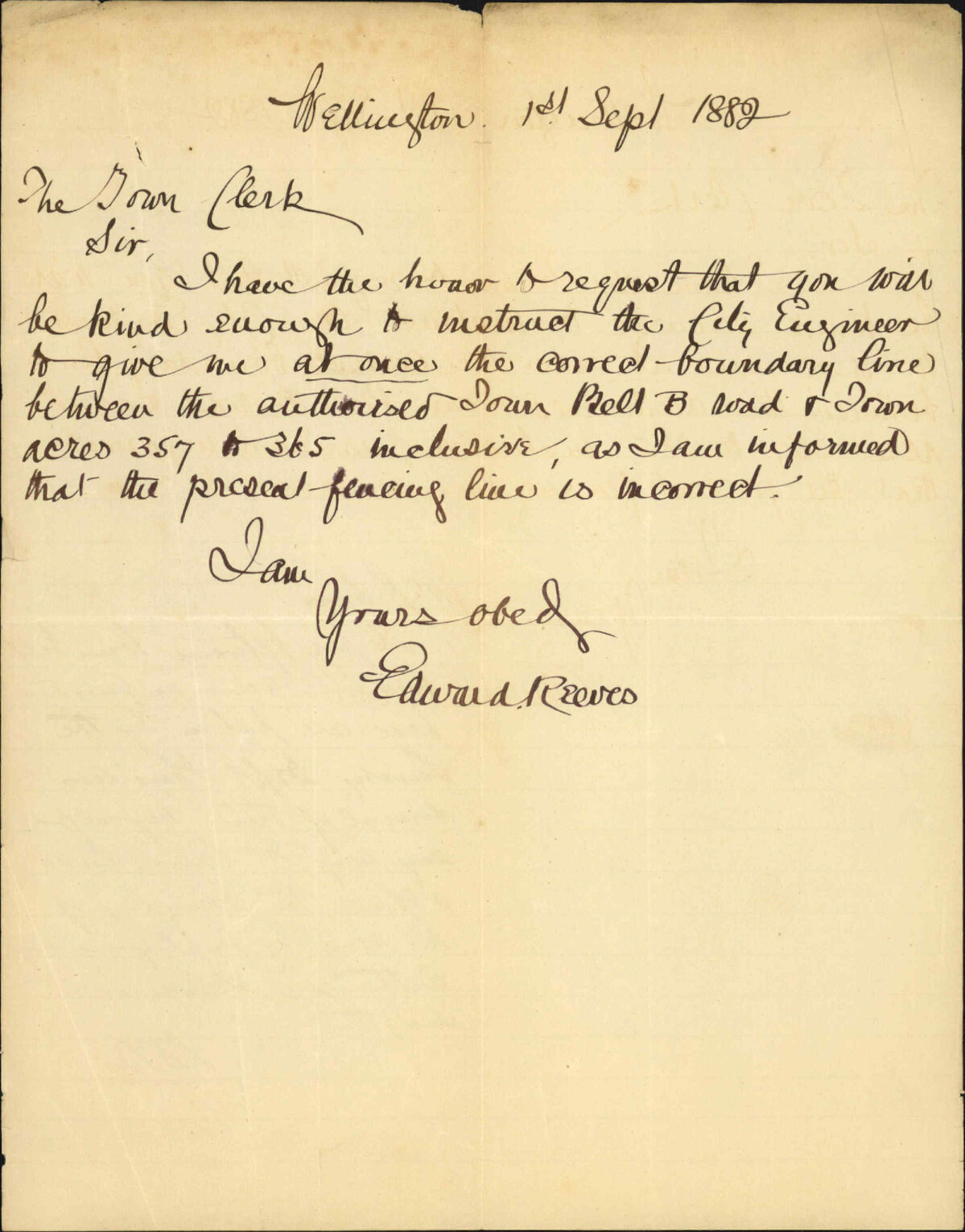 Applying for correct boundary line between Town Belt and his property - Edward Reeves
