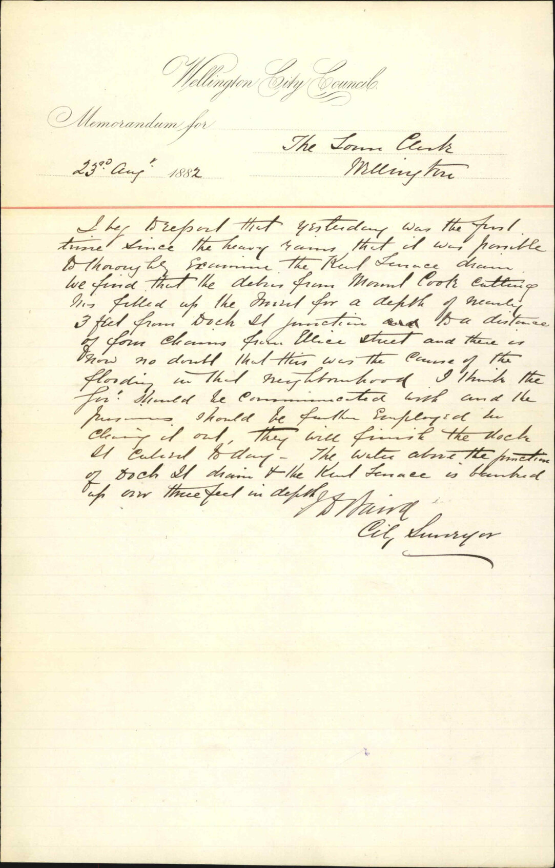 Report as to the cause of the stoppage of the Kent Terrace drain, copy forwarded to Captain Humeworth with request for the prison gang - City Surveyor