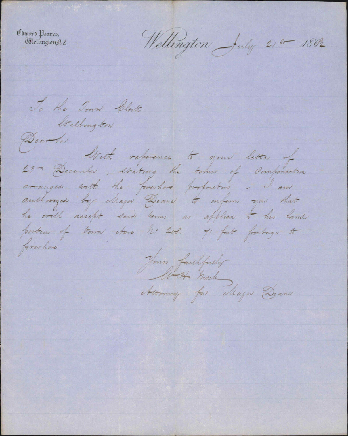 Accepting terms for Te Aro foreshore claims in account of Daniels Estate - W H Meek