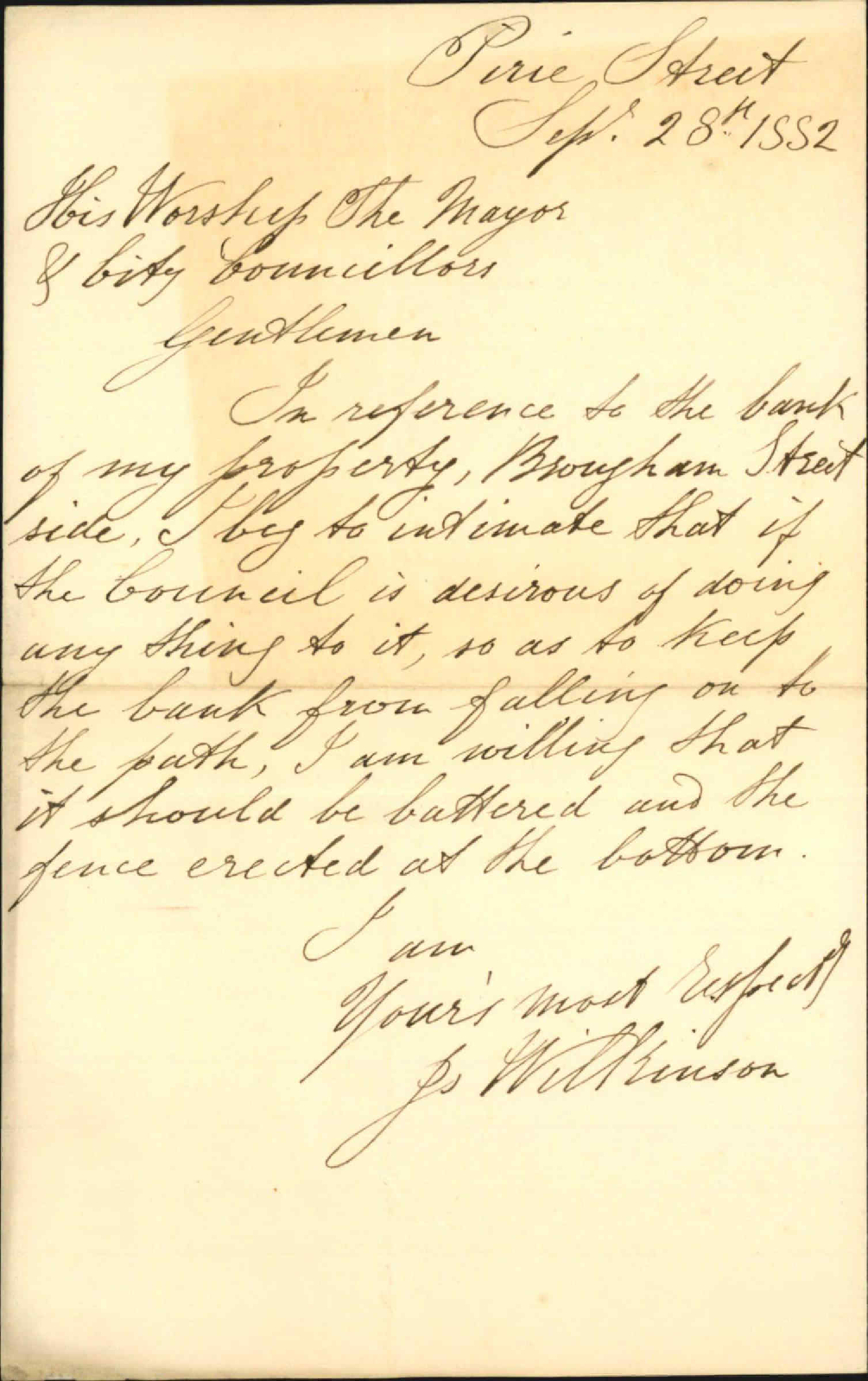 Agreeing to a batter on his Brougham Street frontage - J Wilkinson