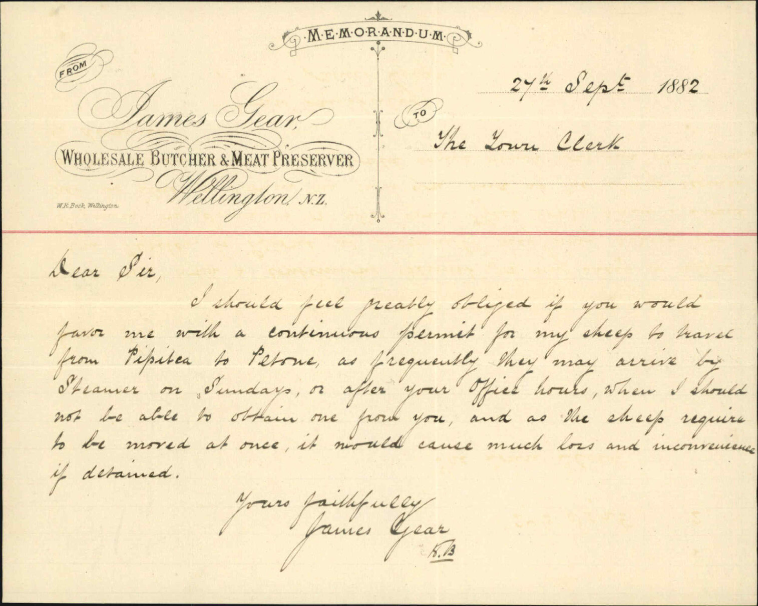 Applying for permit for taking sheep through the city by Thorndon Quay - J Gear