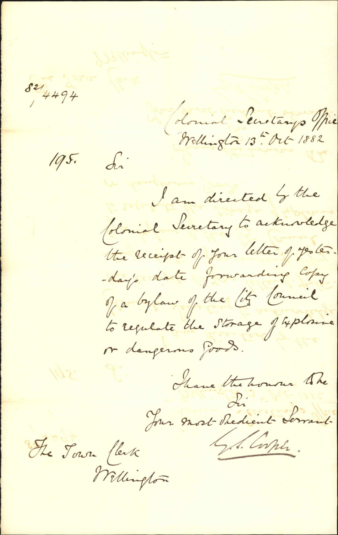 Acknowledging receipt of bylaw regarding dangerous goods - Colonial Secretary