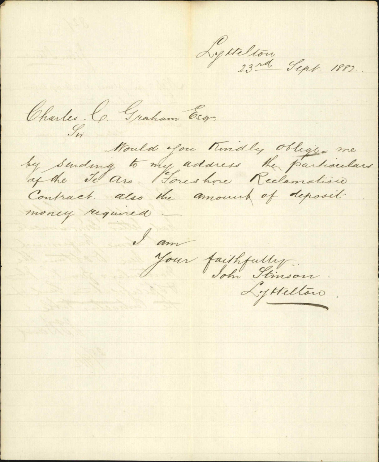 Application for plans and specifications, Te Aro reclamation - John Stinson