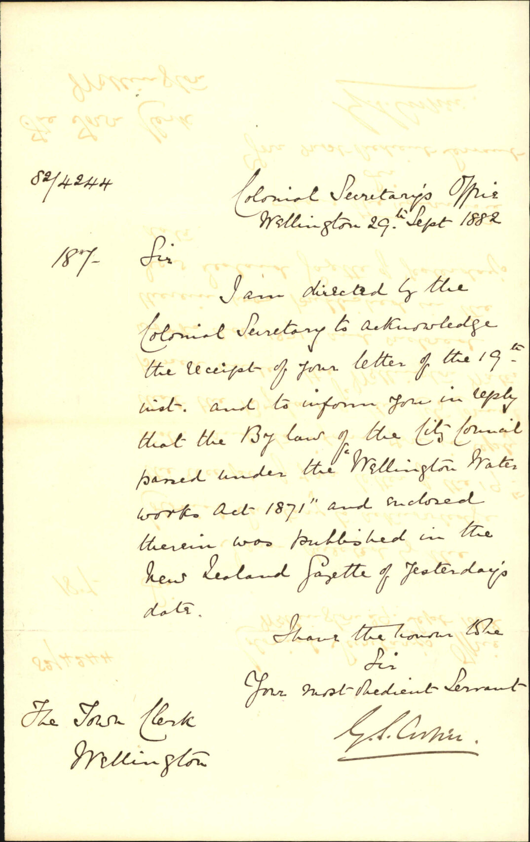 Bylaw regarding water supply to water closets regarding gazette in accordance with the act - Colonial Secretary