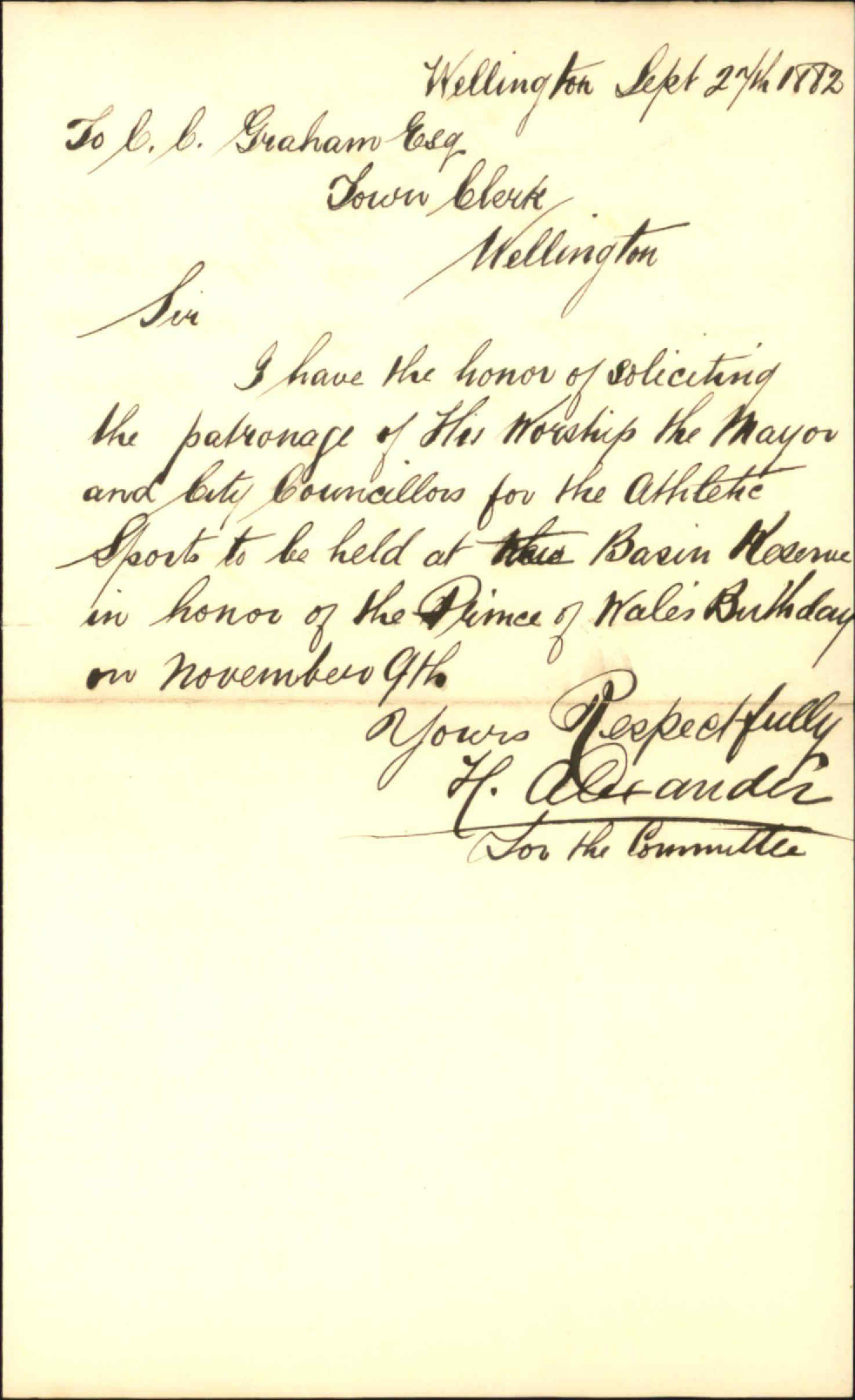 Asking the patronage of Mayor and Council to the athletic sports in Basin Reserve on 9th November - H Alexander