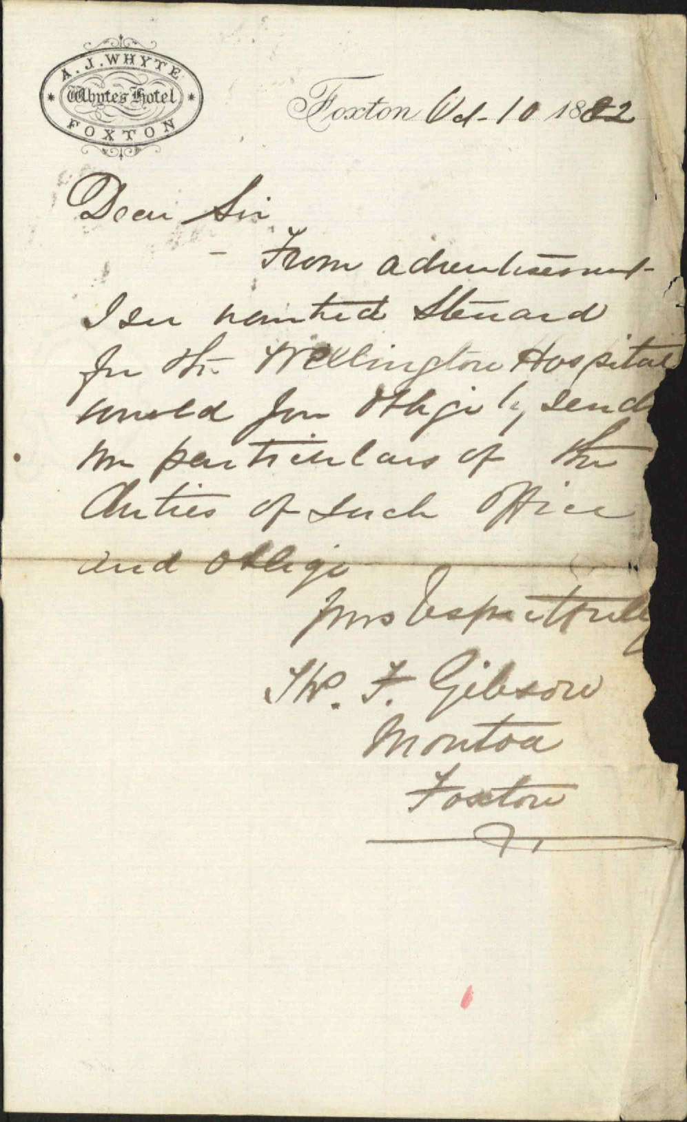 Asking as to steward and duties at hospital - J G Gibson
