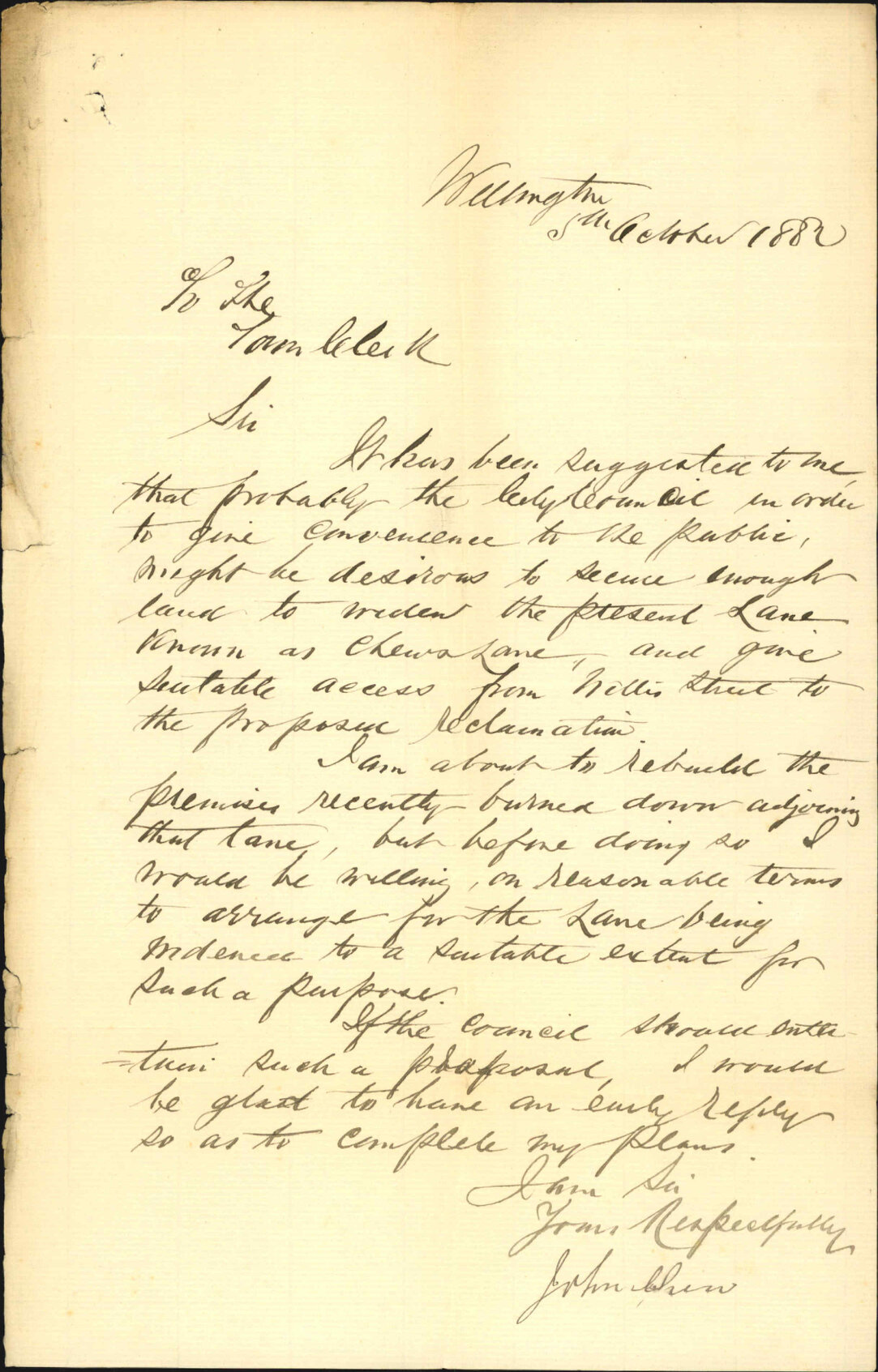 Offer of land to enlarge right of way off Willis Street - John Chew
