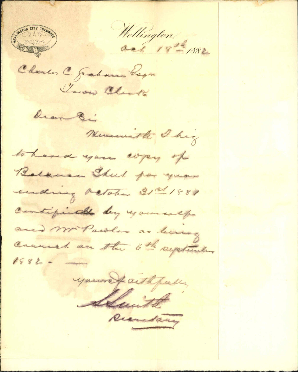 Forwarding balance sheet to 31/10/81 - City Tramways Co