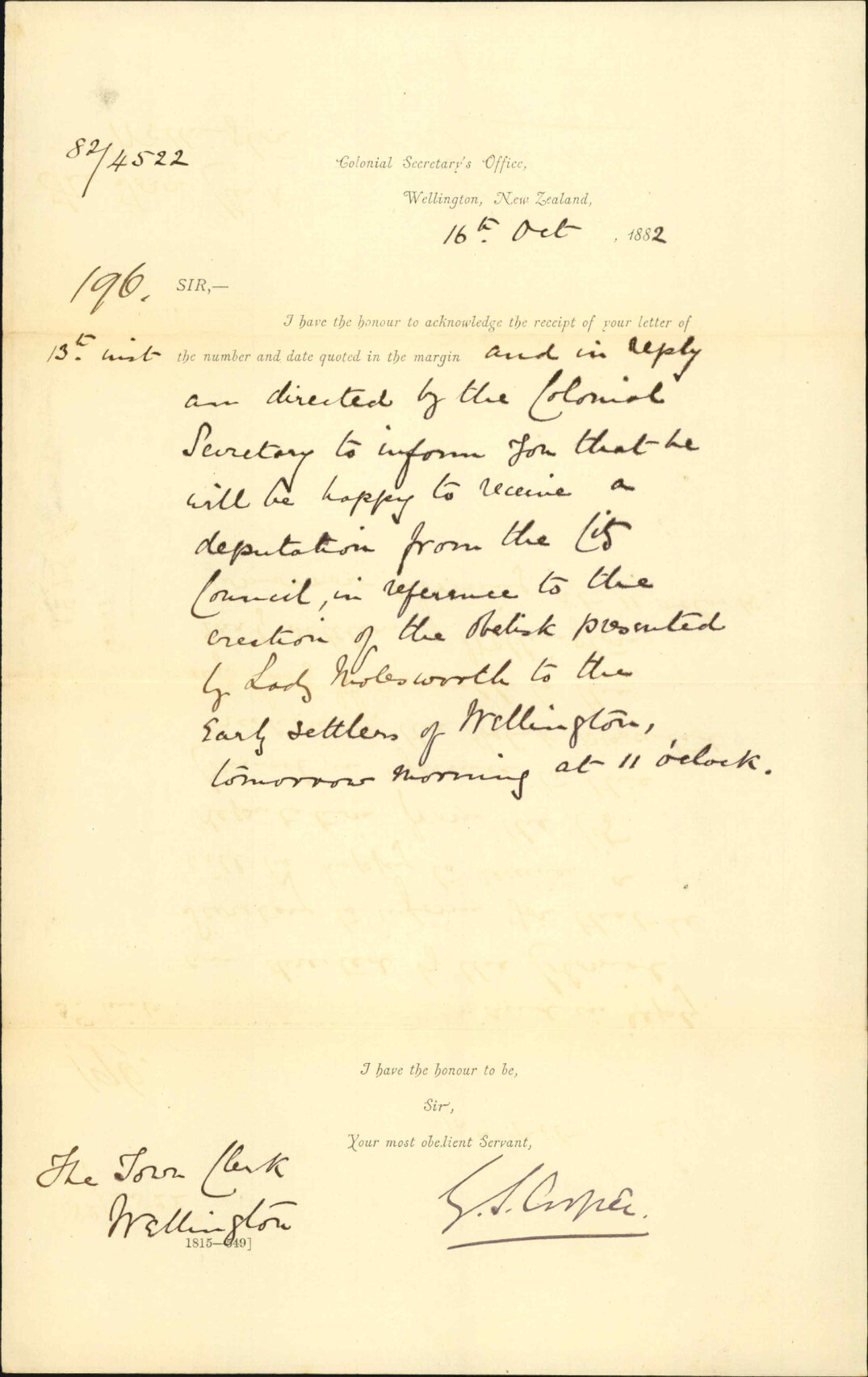 Accepting to receive deputation regarding Molesworth Monument - Colonial Secretary