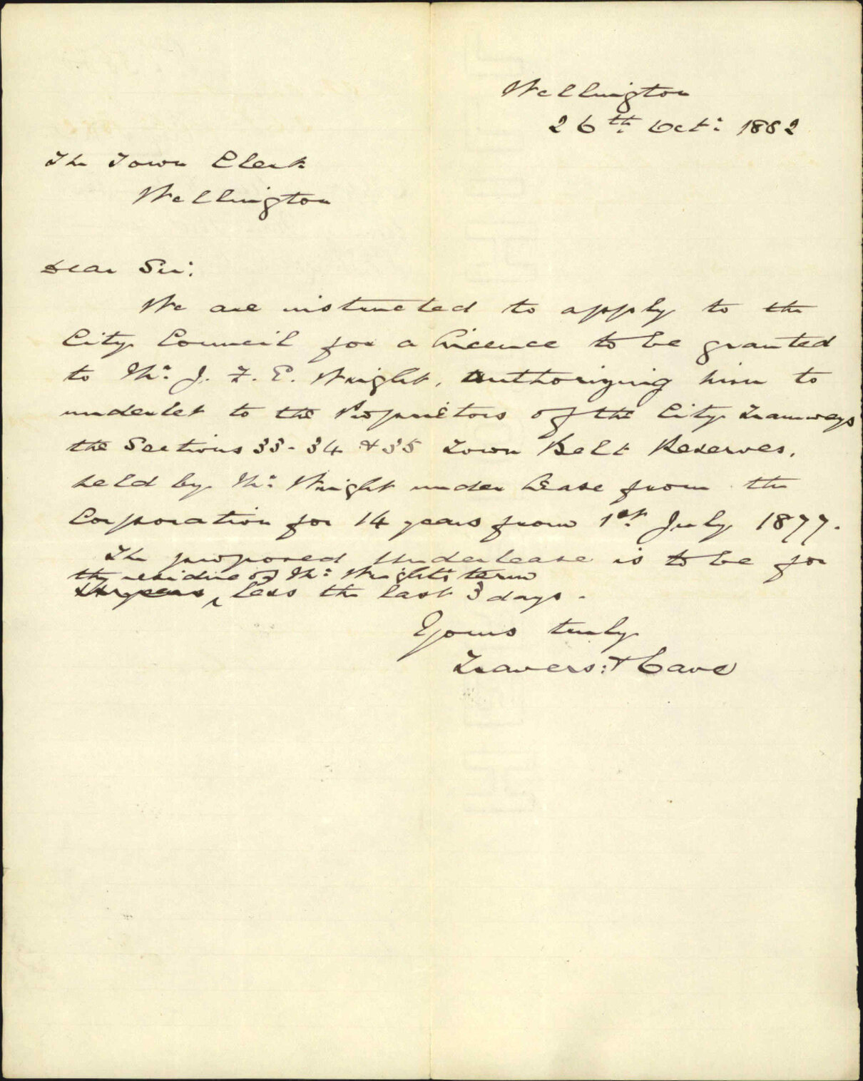 Application in transfer of lease of Town Belt sections from J T Wright and City Tramways Company - City Solicitor