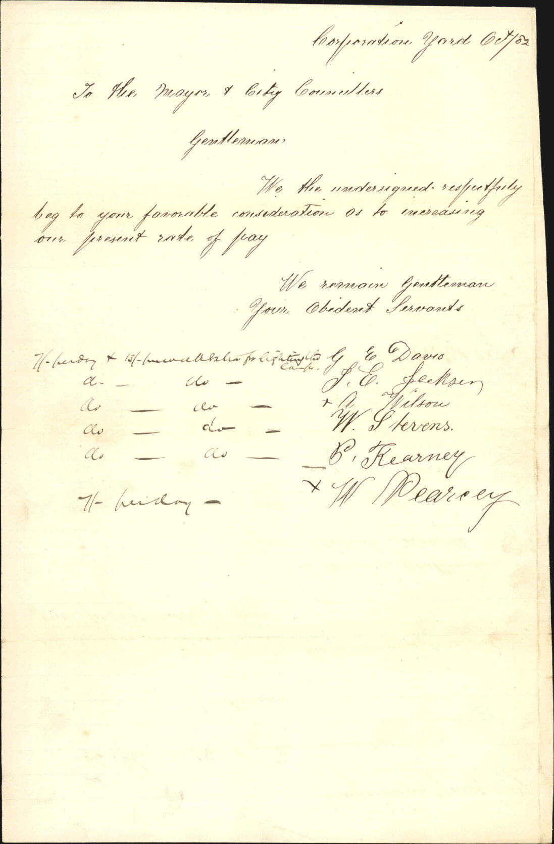 Application for increase of pay - G E Davis and others [Corporation Yard staff]