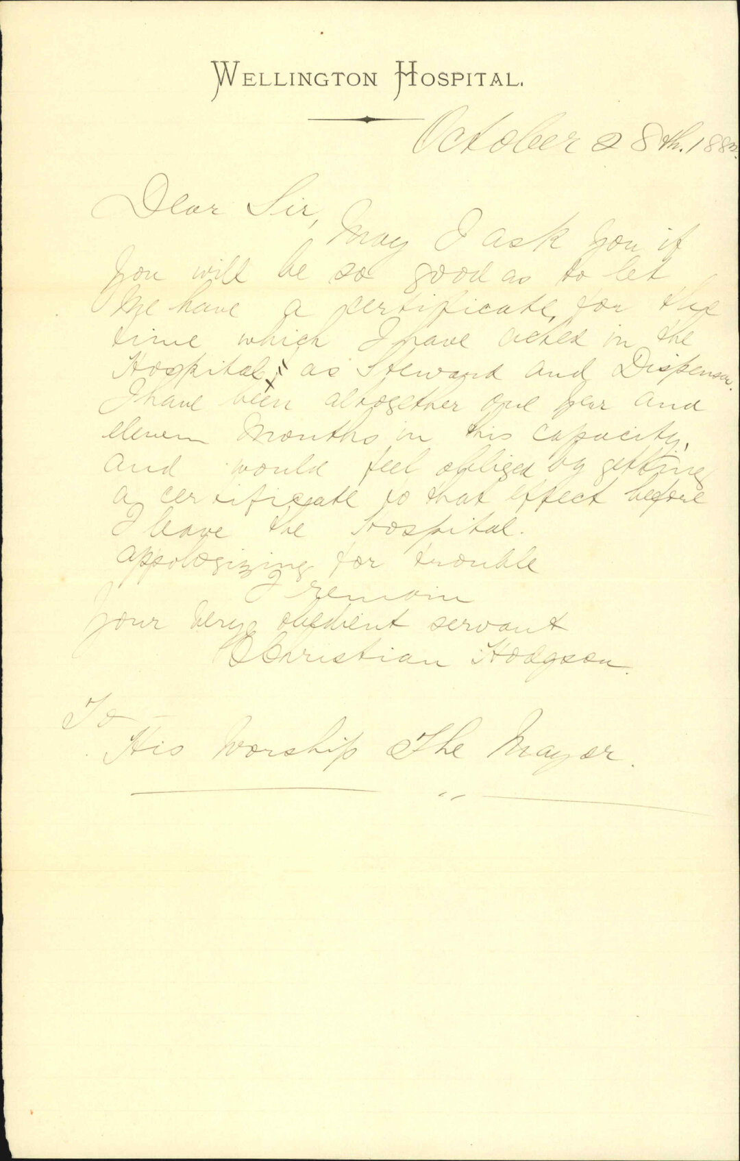 Applying for testimonial of revision at hospital - E C Hodgson