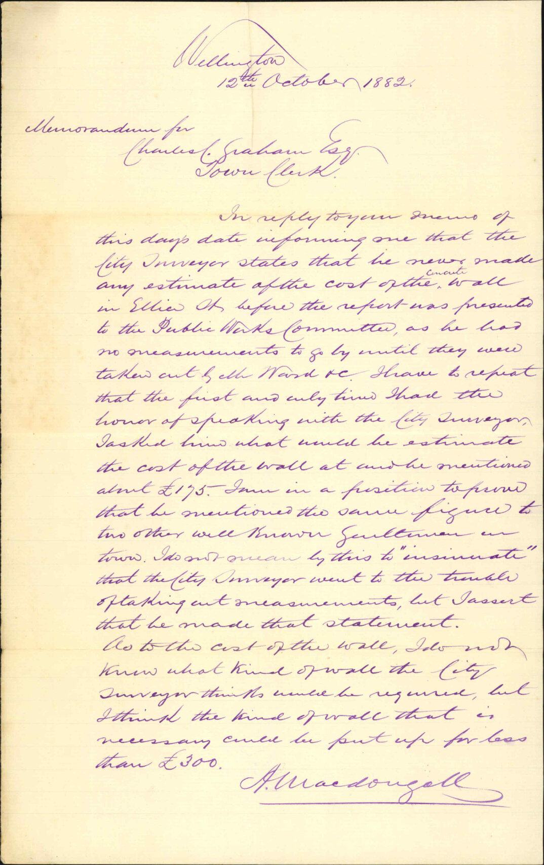 Further regarding concrete wall to his frontage in Ellice Street - A MacDougall