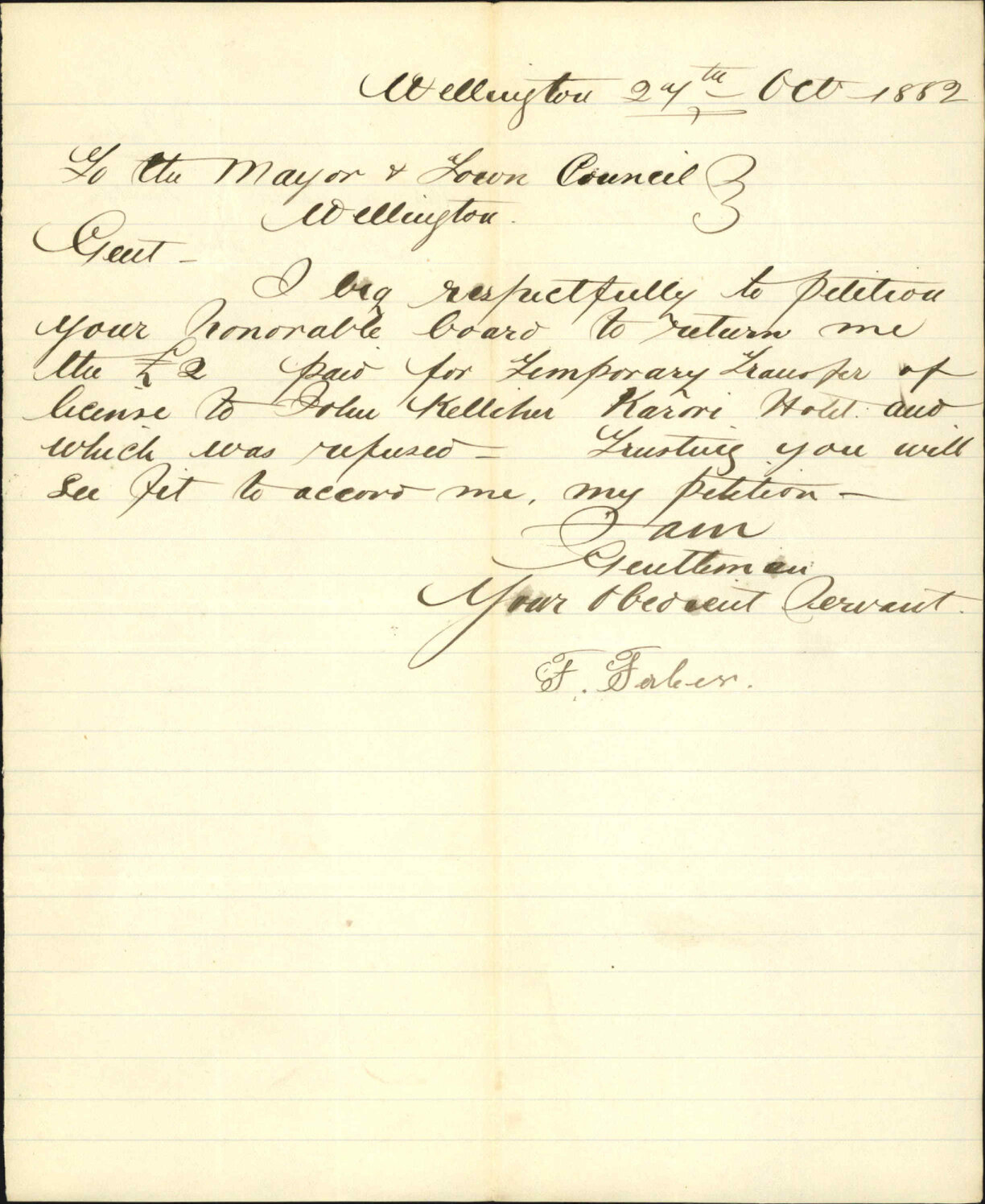 Application for return of transfer fee for license of Karori Hotel - F Faber