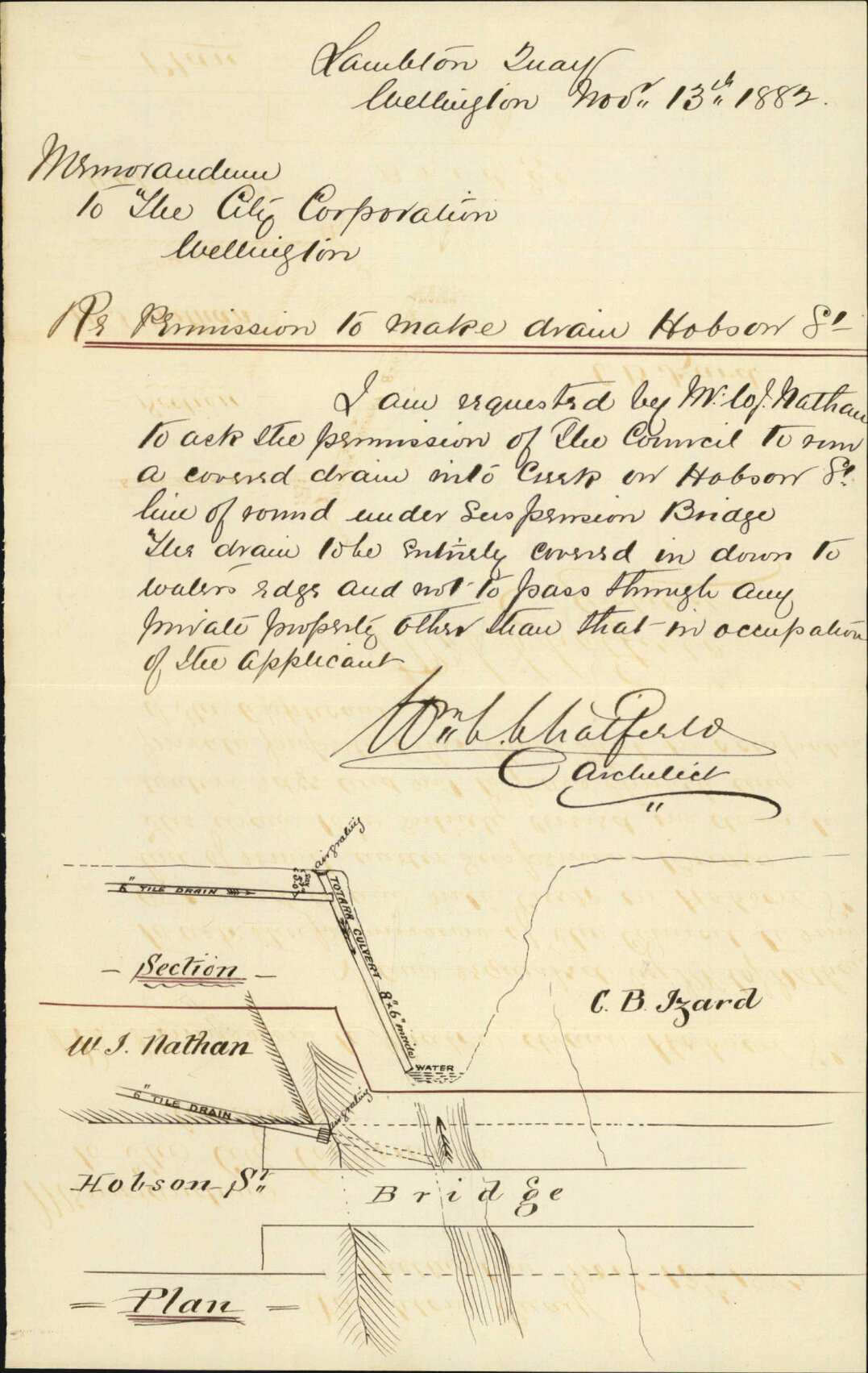 Asking permission to lay down drain at the Hobson Street bridge - W C Crawford