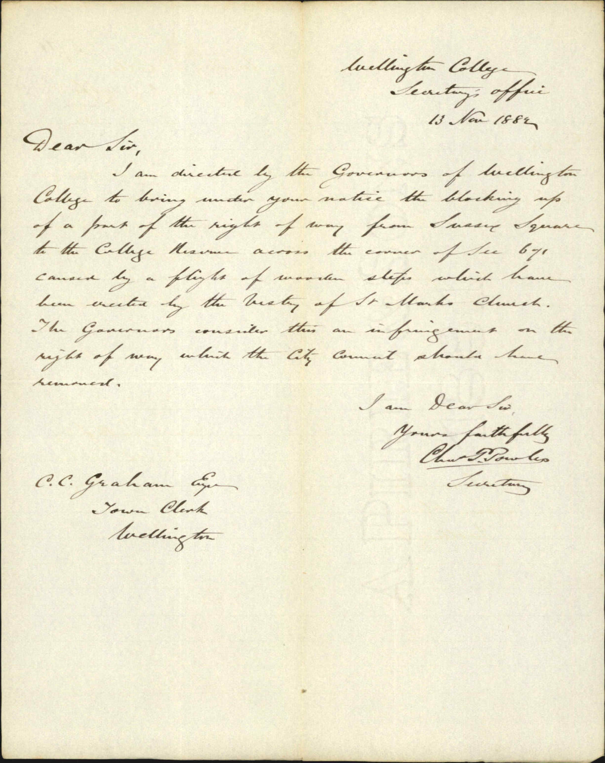 Obstruction of right of way adjoining St Marks Church - Wellington College
