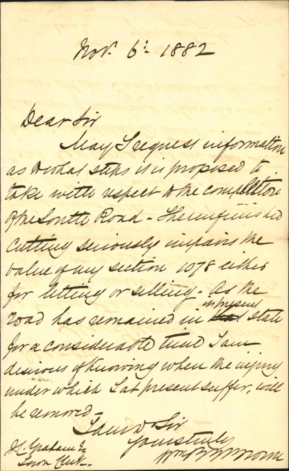 Enquiring as to date of continuation of South Road - W R E Brown