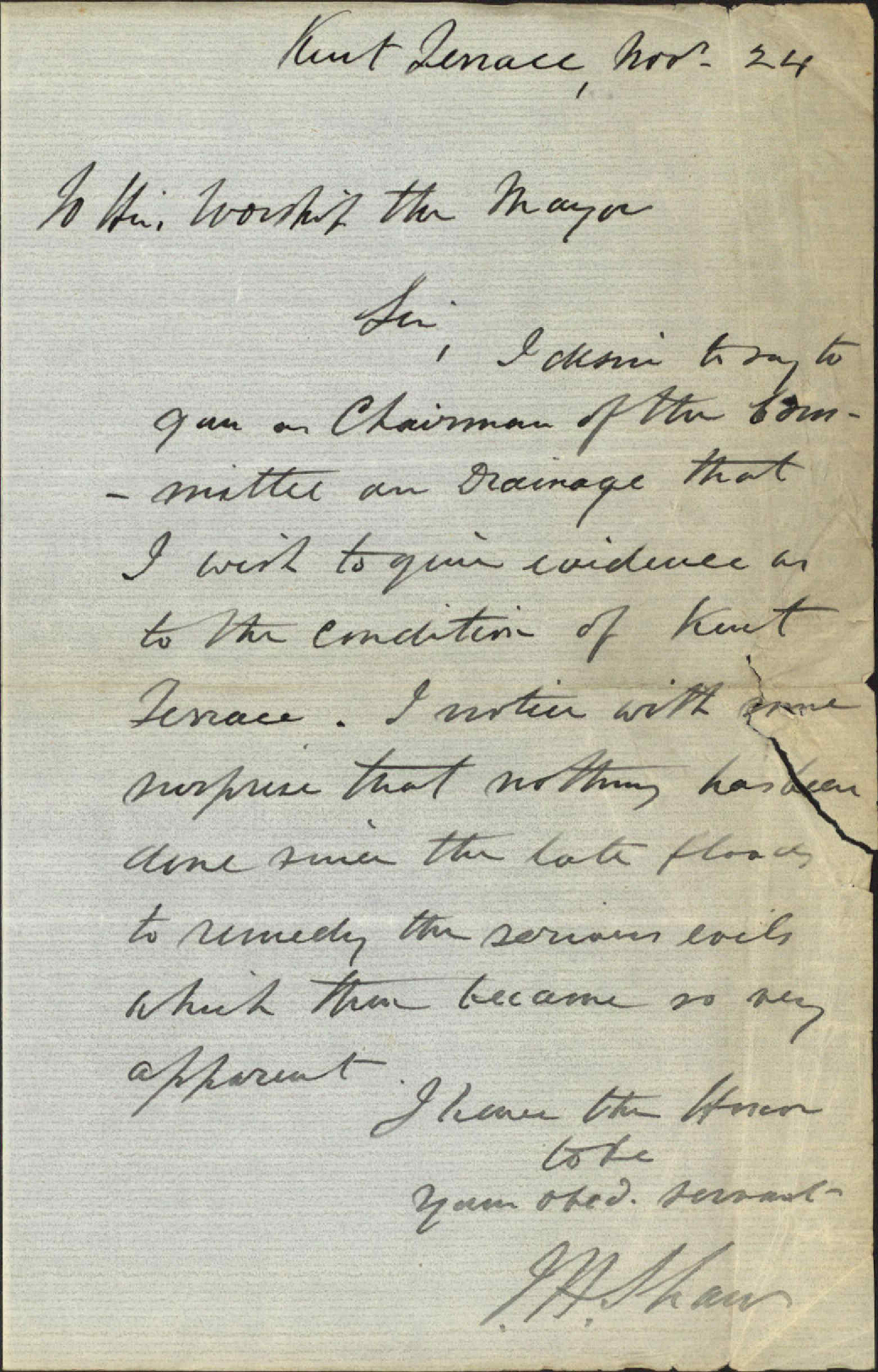 Desirous of giving evidence upon the drainage enquiry committee - J H Shaw