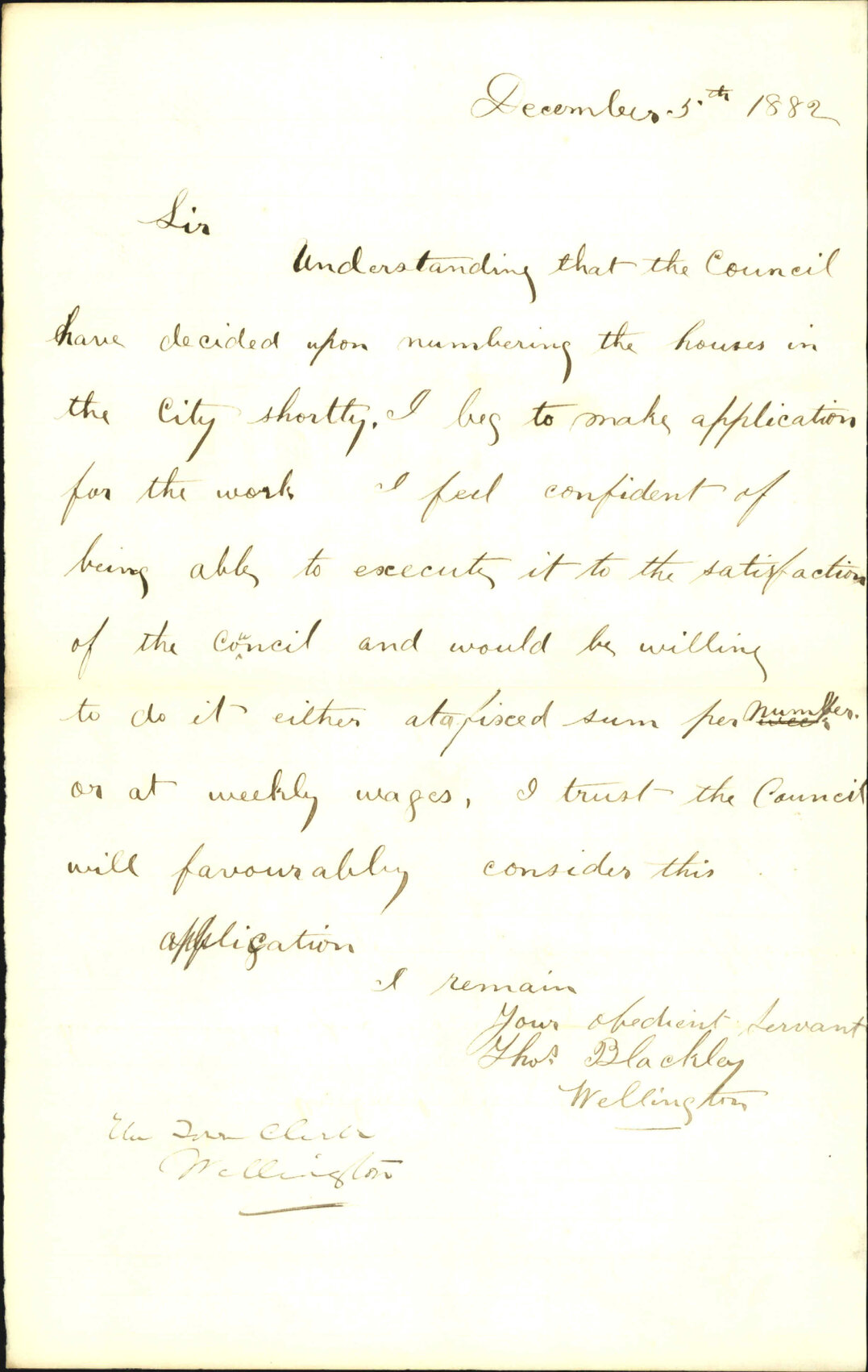 Application for the job of numbering the houses in the city - Thomas Blackley