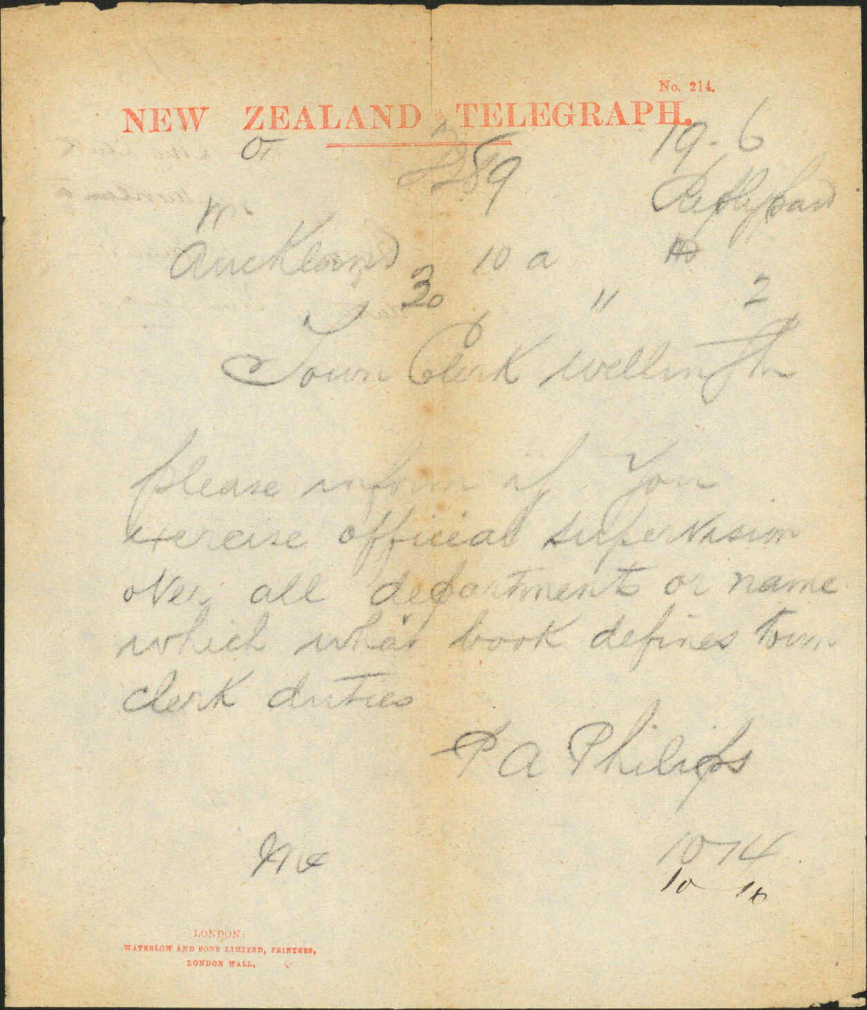 Enquiry as to definition of duties of Town Clerk - Town Clerk Auckland