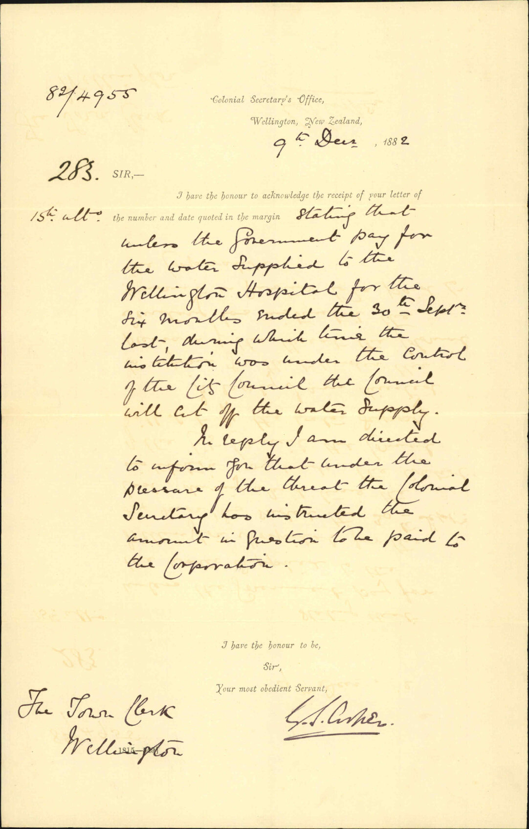 Agreeing to pay for water supplied to hospital - Colonial Secretary