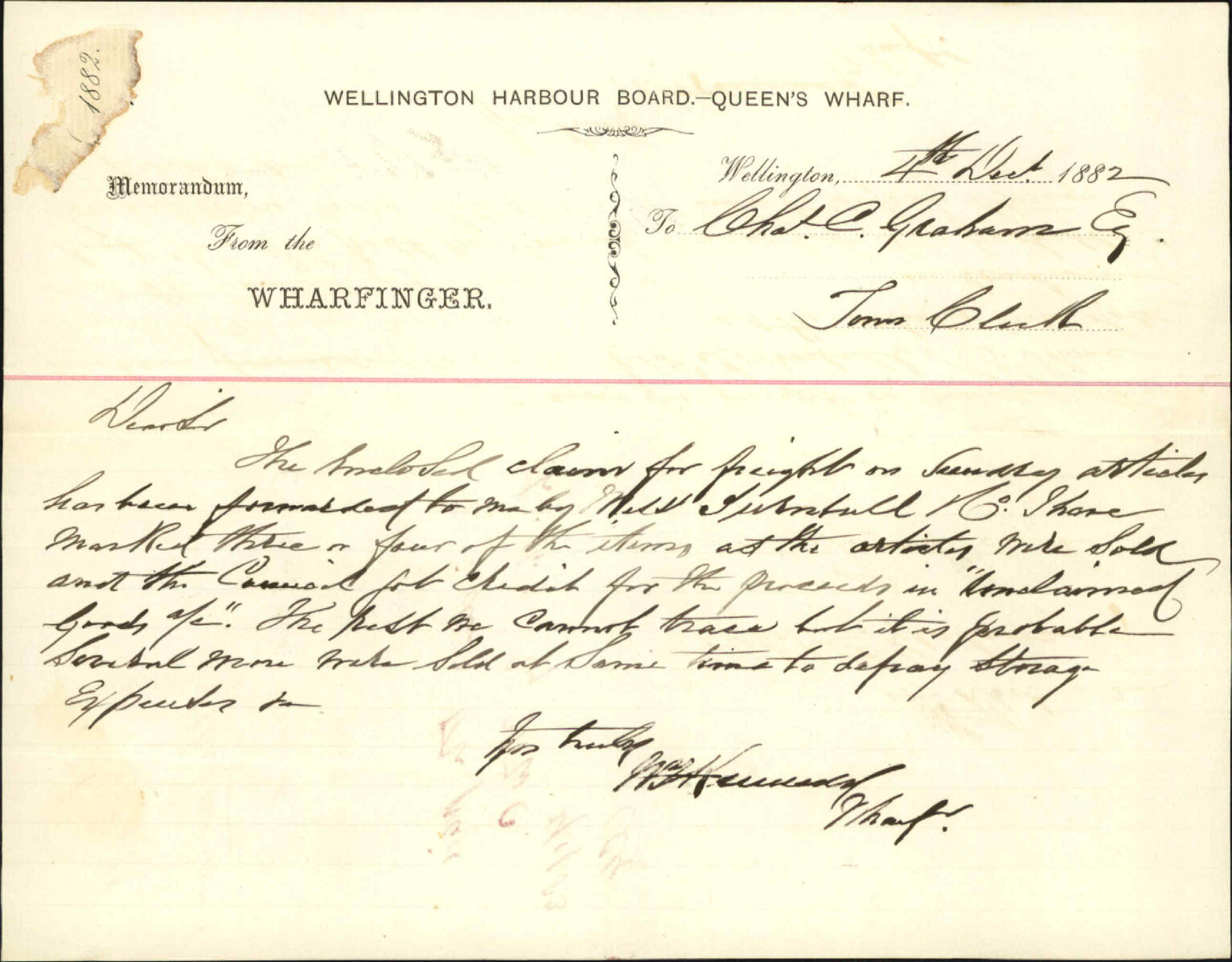 Claim in account of sundry goods sold in account of the corporation - Harbour Board [Wharfinger]