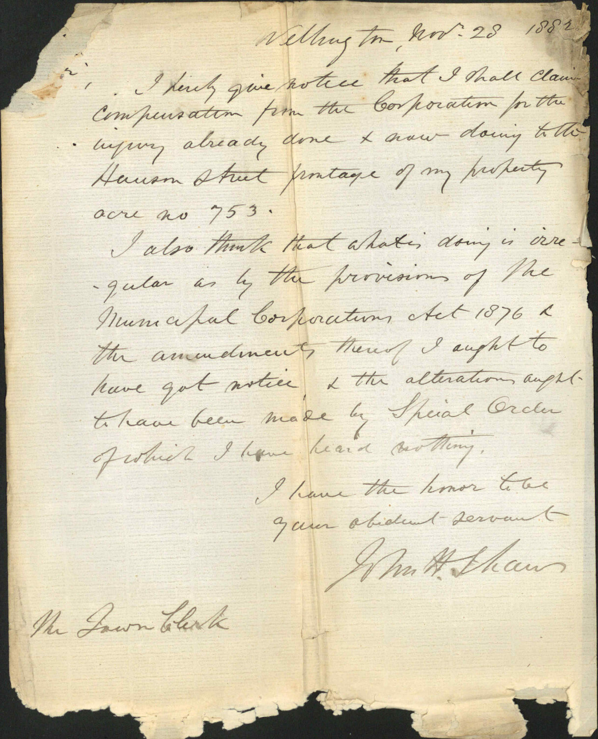 Complaint as to damage to his property in Hanson Street - J H Shaw