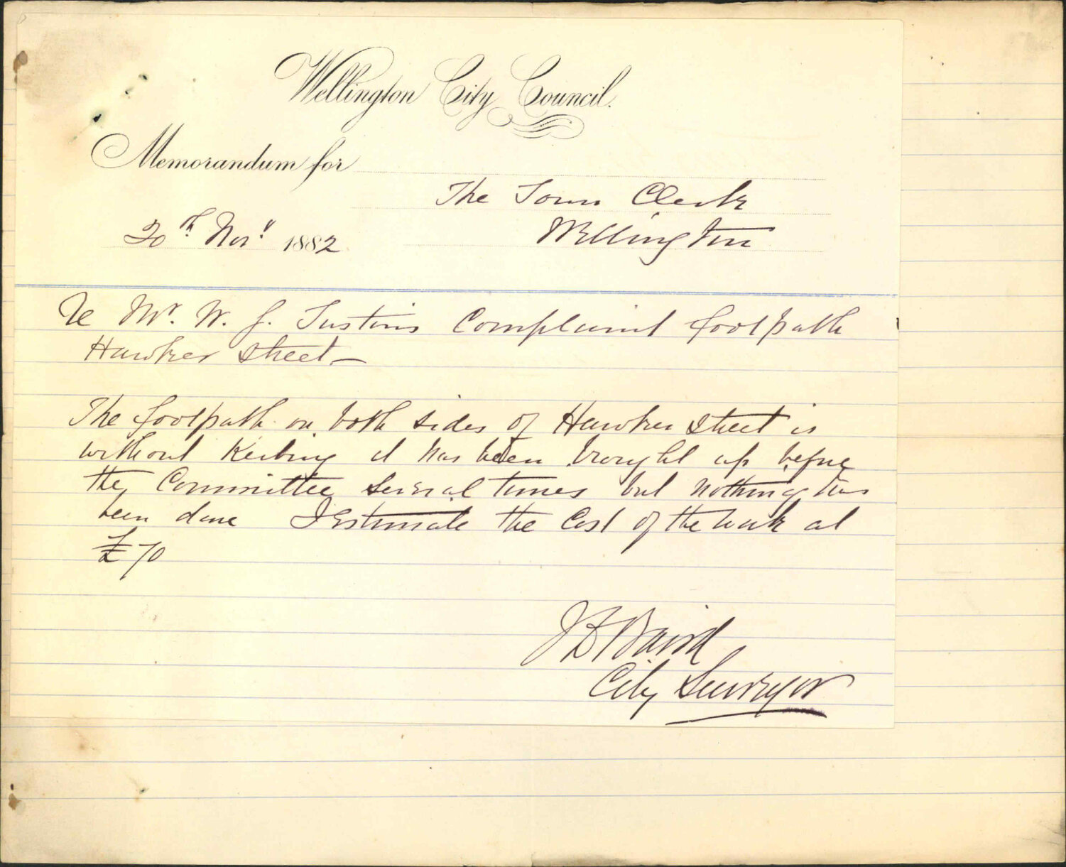 Complaint regarding state of Hawker Street - W G Tusten