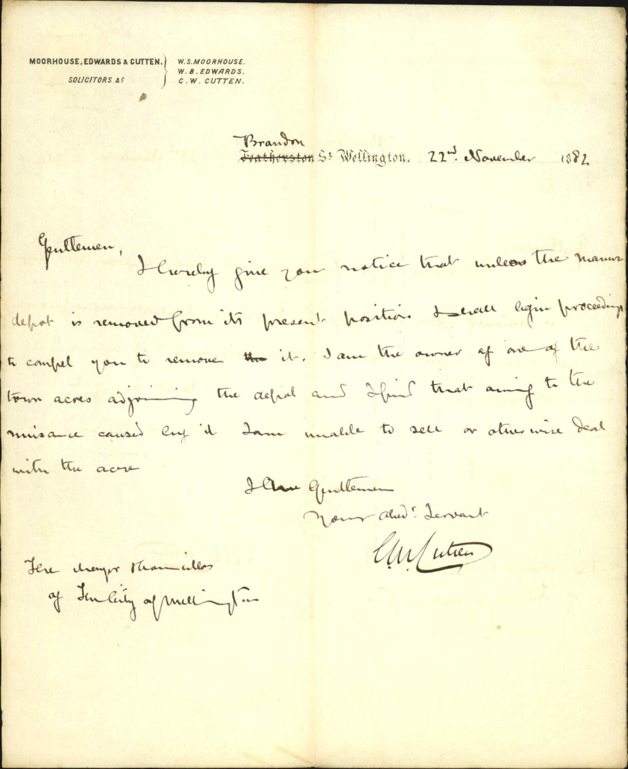Notice of objection to the present night soil depot - C M Cutten