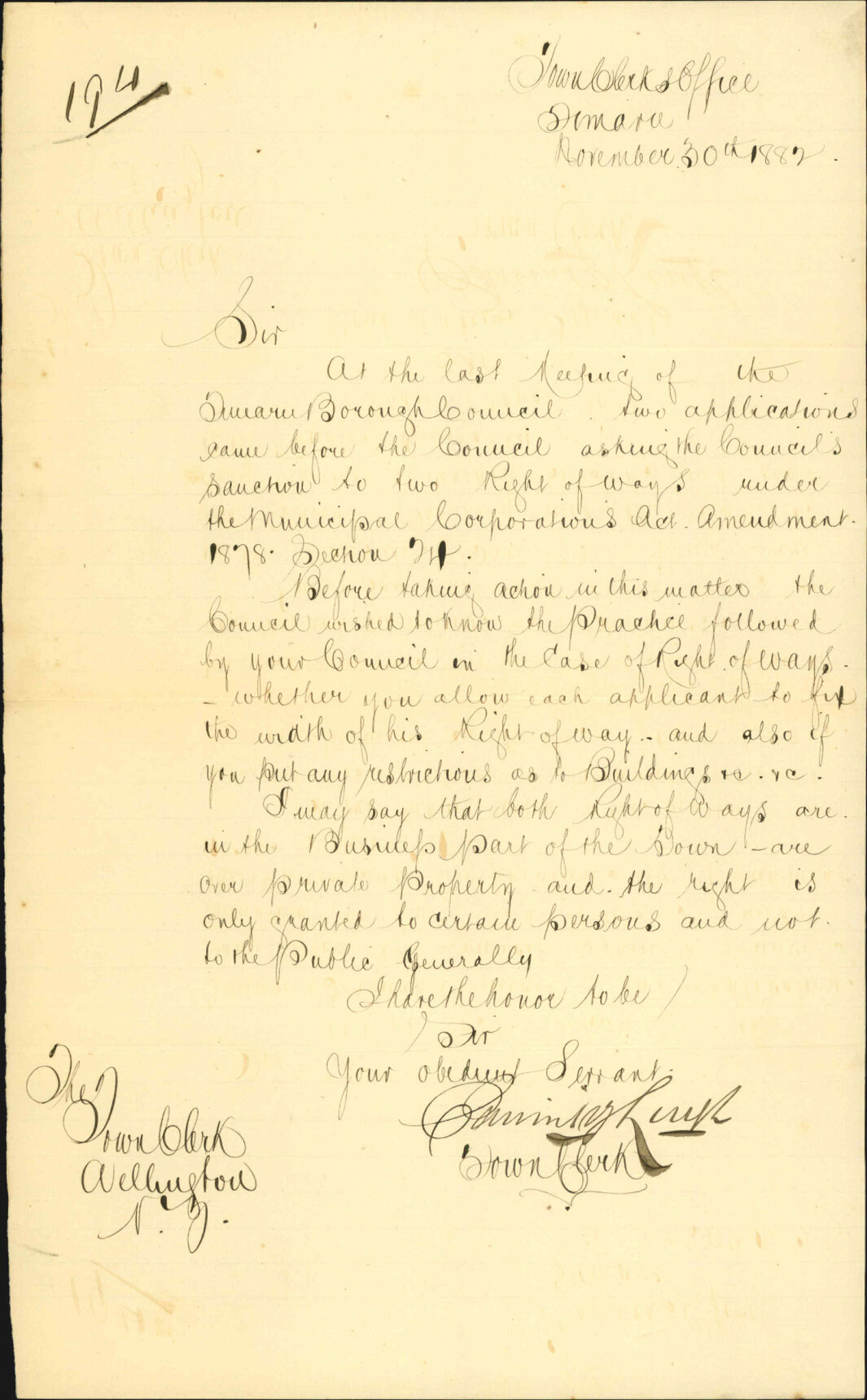 Practice of City Council with regard to rights of way - Town Clerk Timaru
